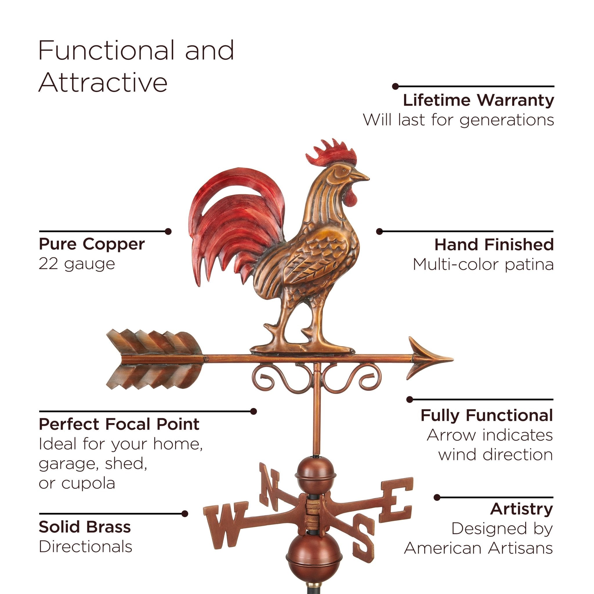 30 Square Manchester Vinyl Cupola with Black Aluminum Roof & Red Rooster Weathervane - Decorative Barn Roof Vent for Farmhouse, Garden, and Countryside Decor