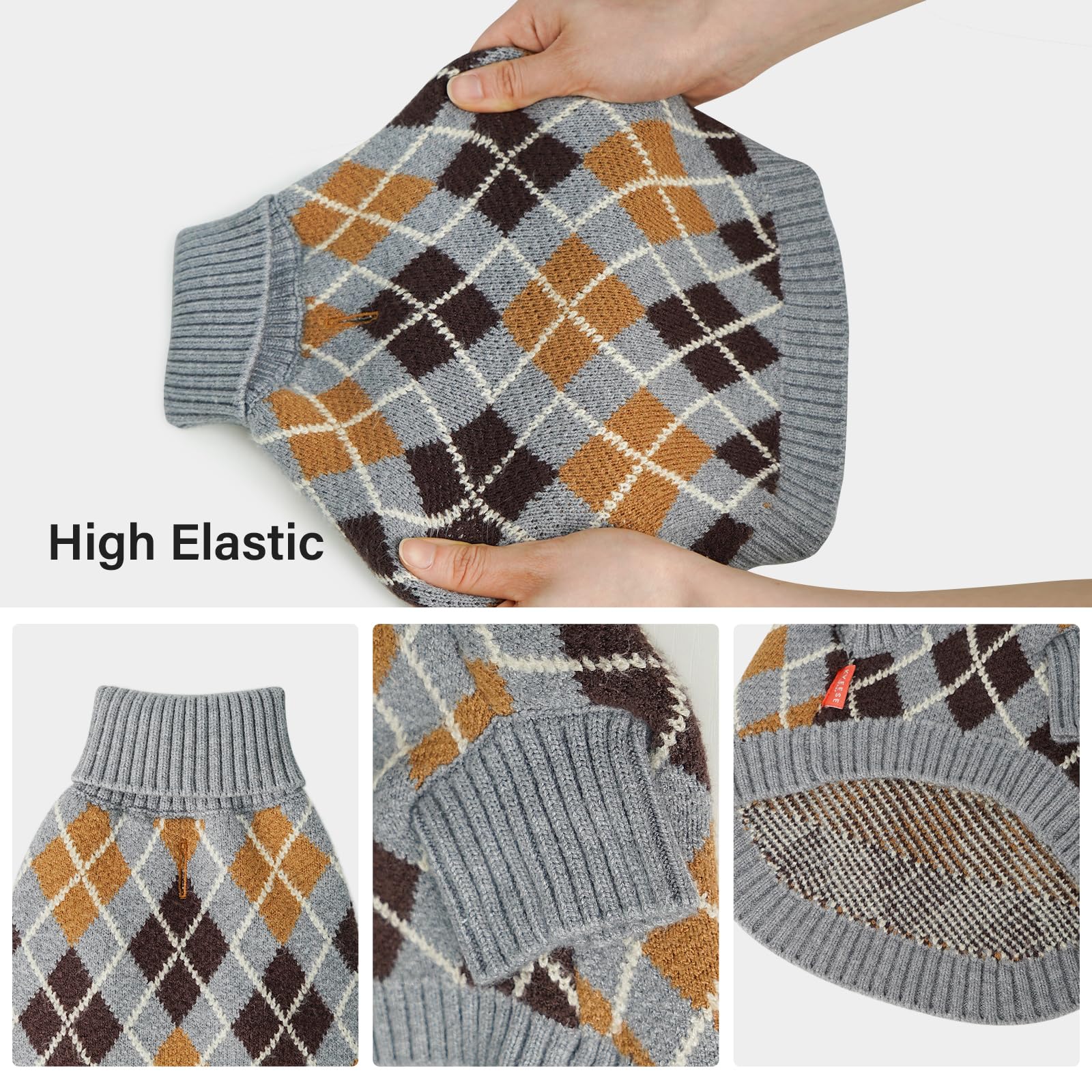 KYEESE Long Sleeve Turtleneck Dog Sweater - Diamond Plaid Pattern Warm Winter Coat for Small & Medium Dogs (Gray, X-Large) - Perfect for Cold Weather Walks and Indoor Comfort