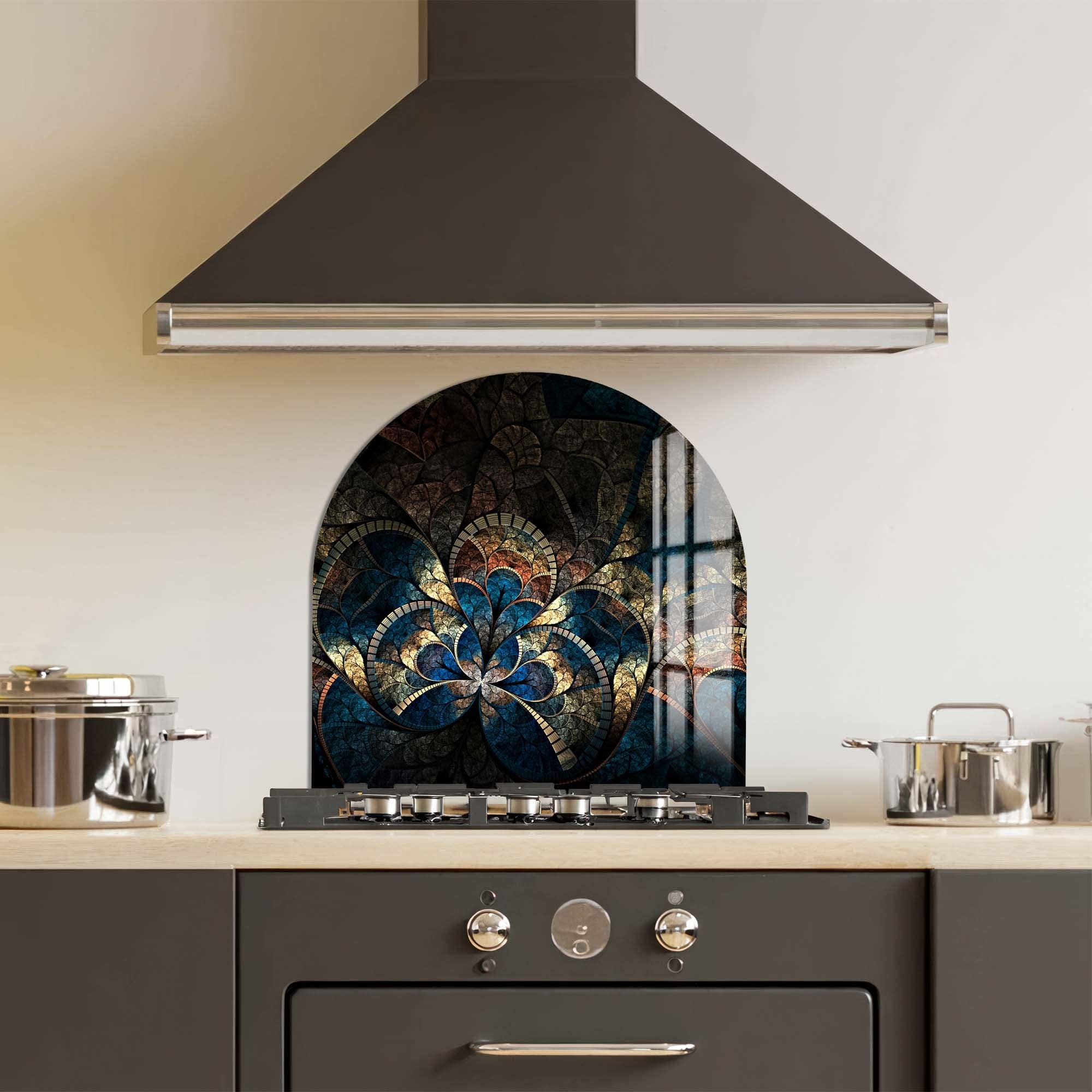 Stained Blue & Gold Glass Splashback - Elegant Kitchen Backsplash for Modern Homes | Perfect for Cooking Areas & Stylish Decor