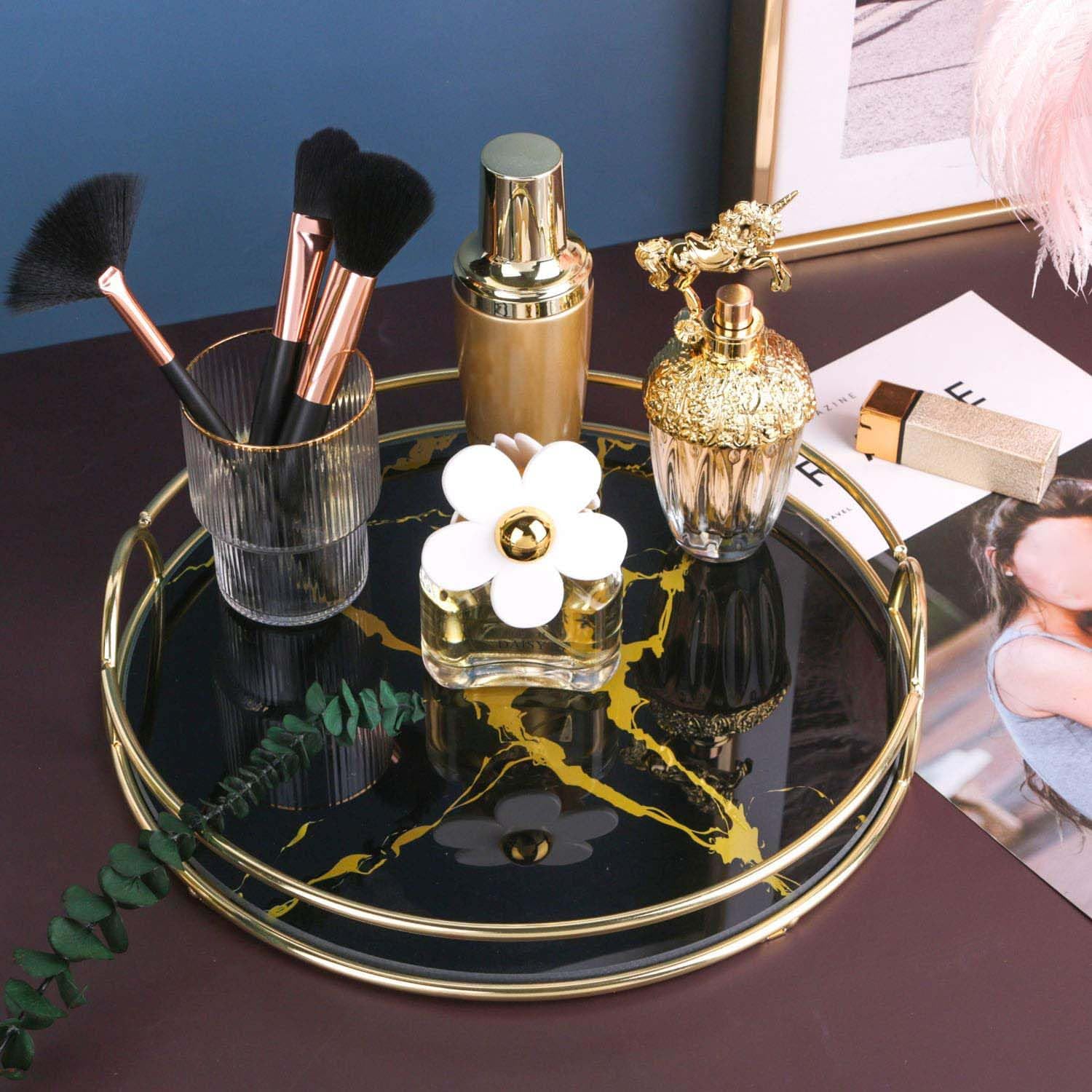 Zosenley Decorative Glass Vanity Tray - Makeup Organizer for Perfume, Jewelry & Cosmetics | Round Cosmetic Storage Tray for Dresser, Bathroom Counter & Coffee Table | 11.1” Diameter x 2” Height | Perfect for Bedroom Decor, Bathroom Organization & Gift Giving
