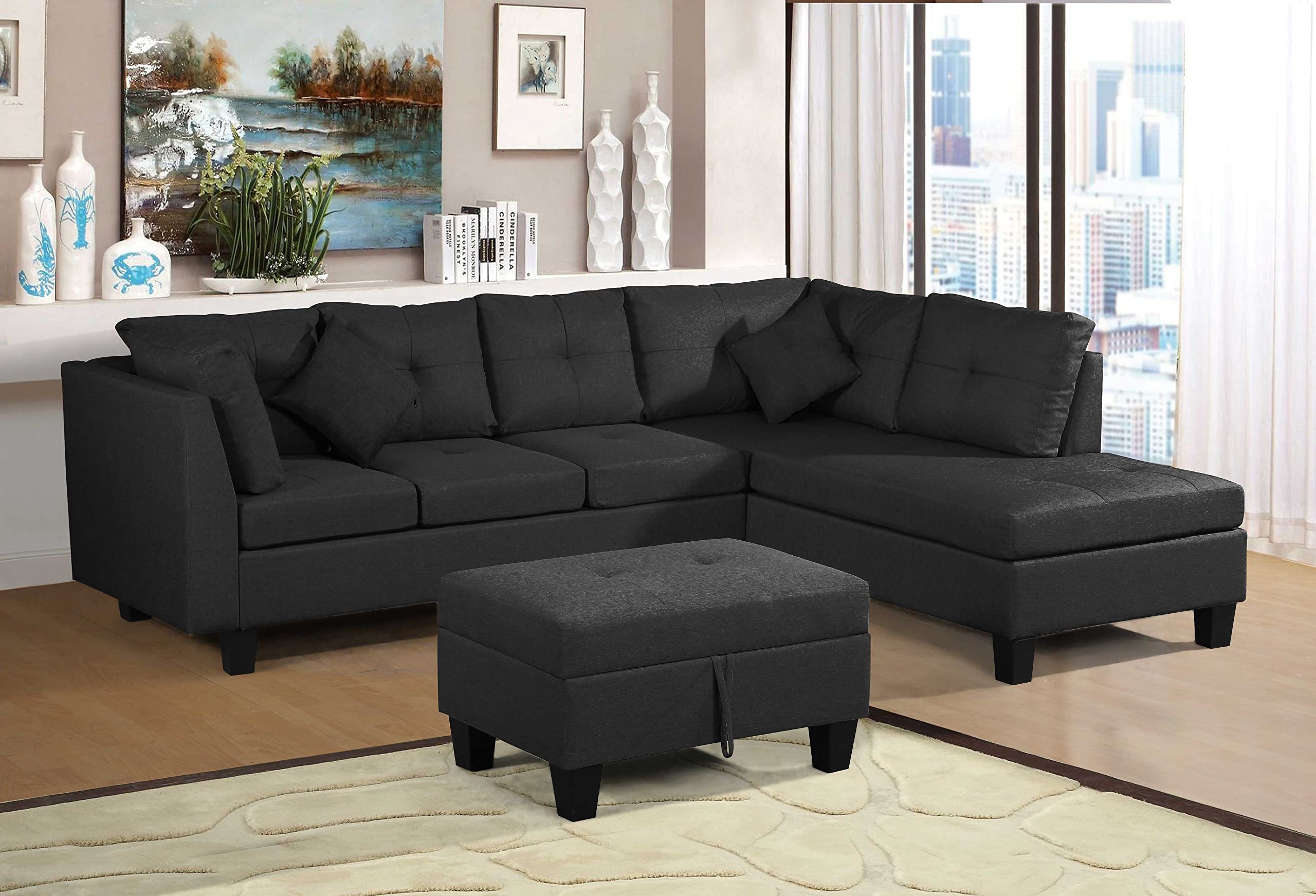 Modern 5-Piece Sectional Sofa Set with Right Hand Chaise Lounge & Storage Ottoman - Black Velvet Fabric Living Room Furniture for Small Spaces | Perfect for Apartments, Family Gatherings & Movie Nights
