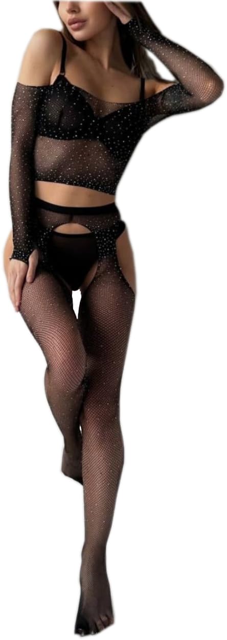 **Sexy Mesh Lingerie Set for Women - Rhinestone Bodysuit & Fishnet Stockings | Perfect for Valentine's Day, Boudoir Photos & Romantic Nights**