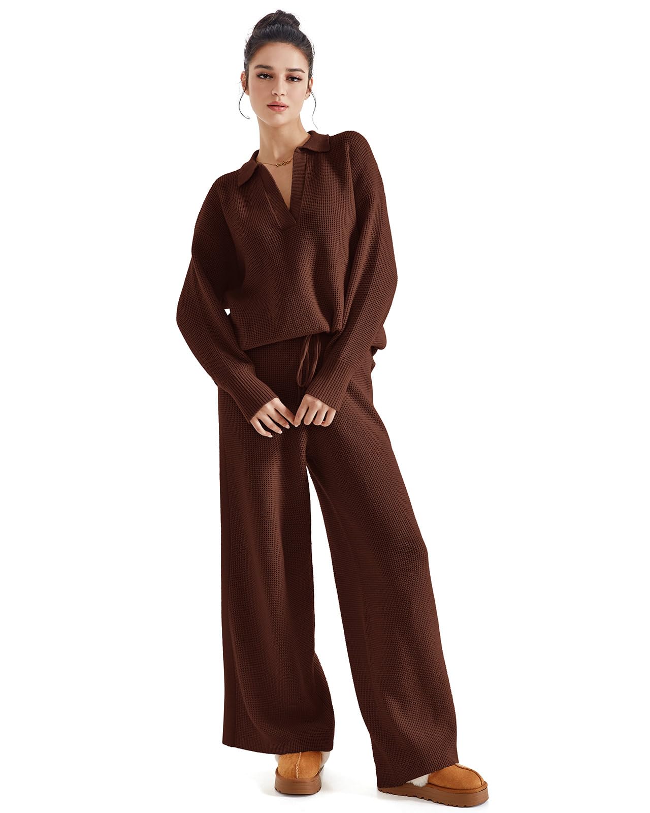SUUKSESS Women's 2-Piece Fall Outfits - Soft Waffle Knit Sweater & Lounge Pants Matching Set | Cozy Autumn Loungewear for Home, Casual Wear & Coffee Dates