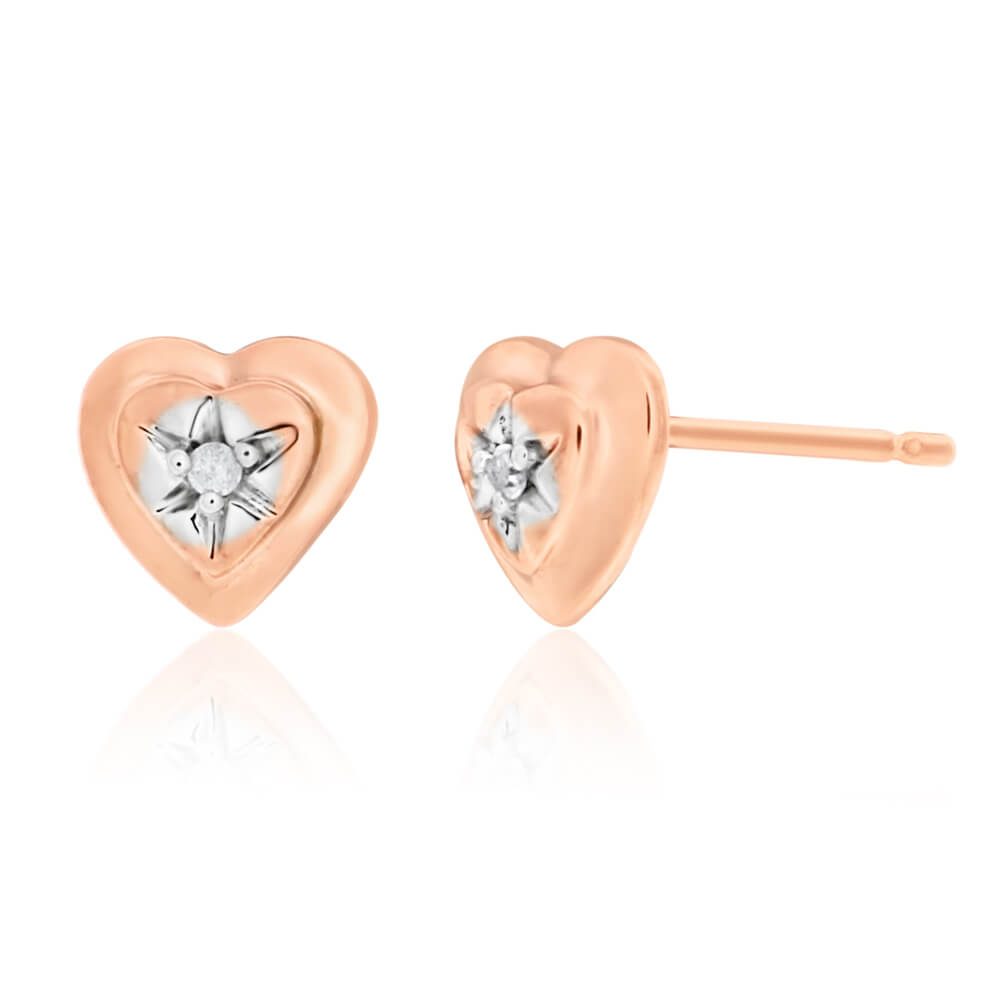 9ct Rose Gold Heart Earrings Set With 2 White Diamonds - Elegant Jewelry for Women, Valentine's Day Gift, Anniversary Present, Romantic Occasions
