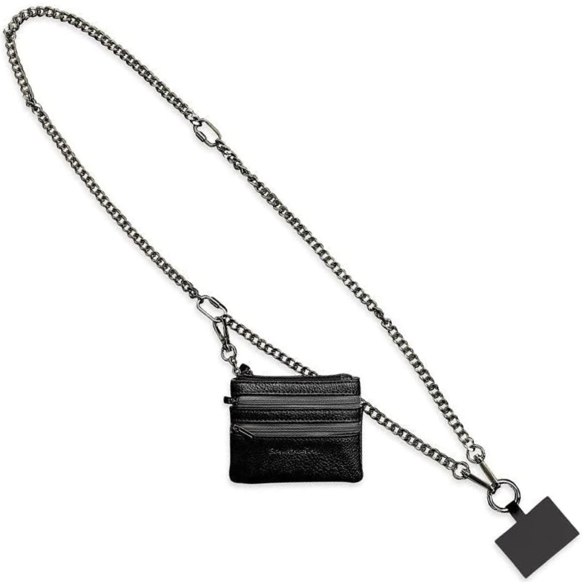 Clip and Go Phone Lanyard with Wallet – Adjustable Crossbody Chain Strap for Women, Gun Metal Finish & Black Pouch, Hands-Free Carrying for Shopping, Travel, and Outdoor Activities