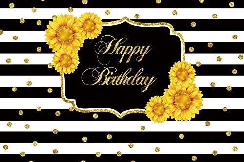 10x8FT Sunflower Black and White Stripes Happy Birthday Backdrop - Yellow Gold Glitter Dots Photo Background for Women's Birthday Party, Baby Shower, Bridal Shower & Anniversary Decor - Floral Fabulous Party Banner Backdrop for Photography