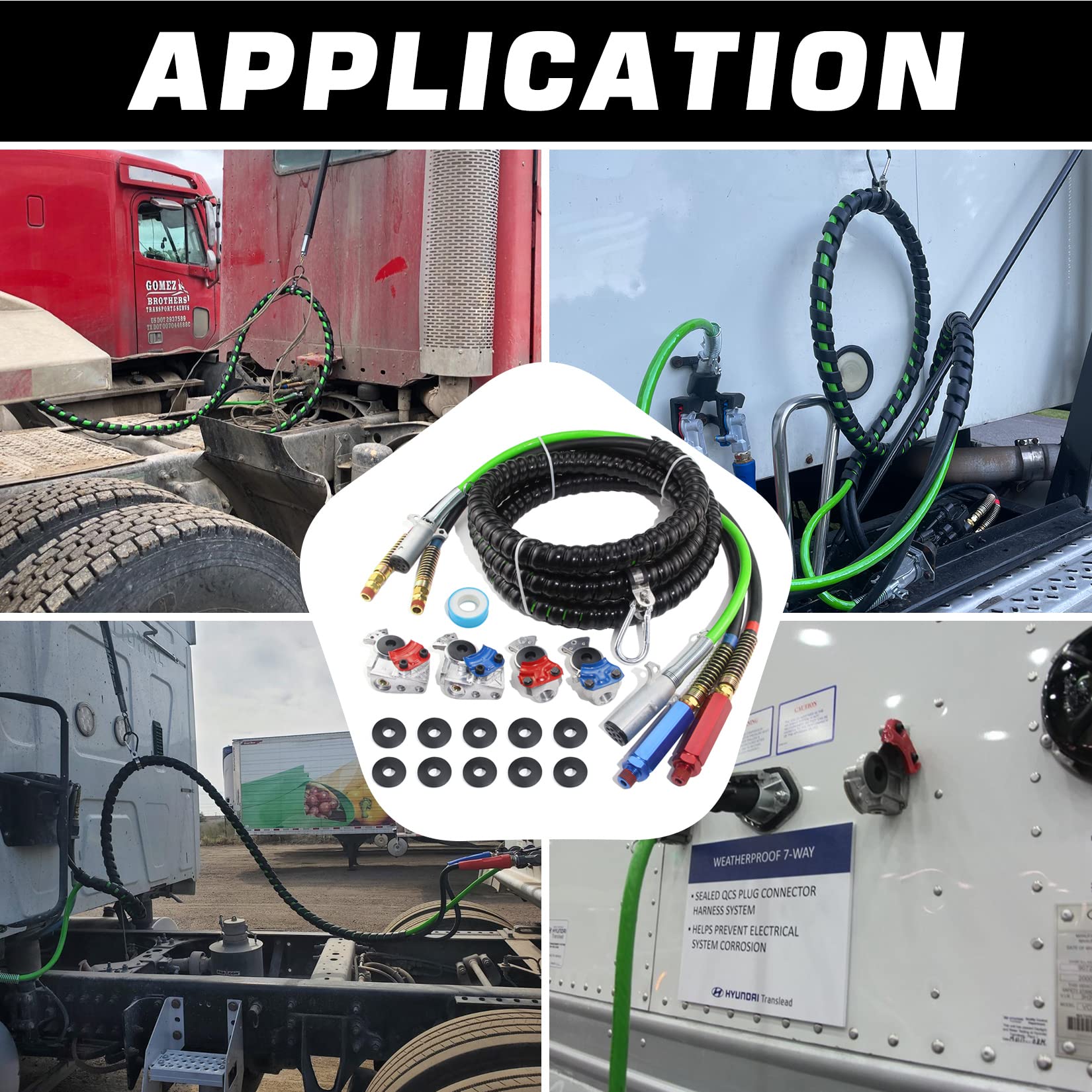 **15 Ft Heavy Duty 3-in-1 Air Line Hose Kit for Semi Trucks & Tractor Trailers – ABS Power Cord, 37° Glad Hands, Rubber Seals & Teflon Tape – Ideal for Brake Systems, Air Supply & Towing**    *(Use Case: Perfect for professional truck drivers, fleet maintenance, and long-haul towing operations.)*