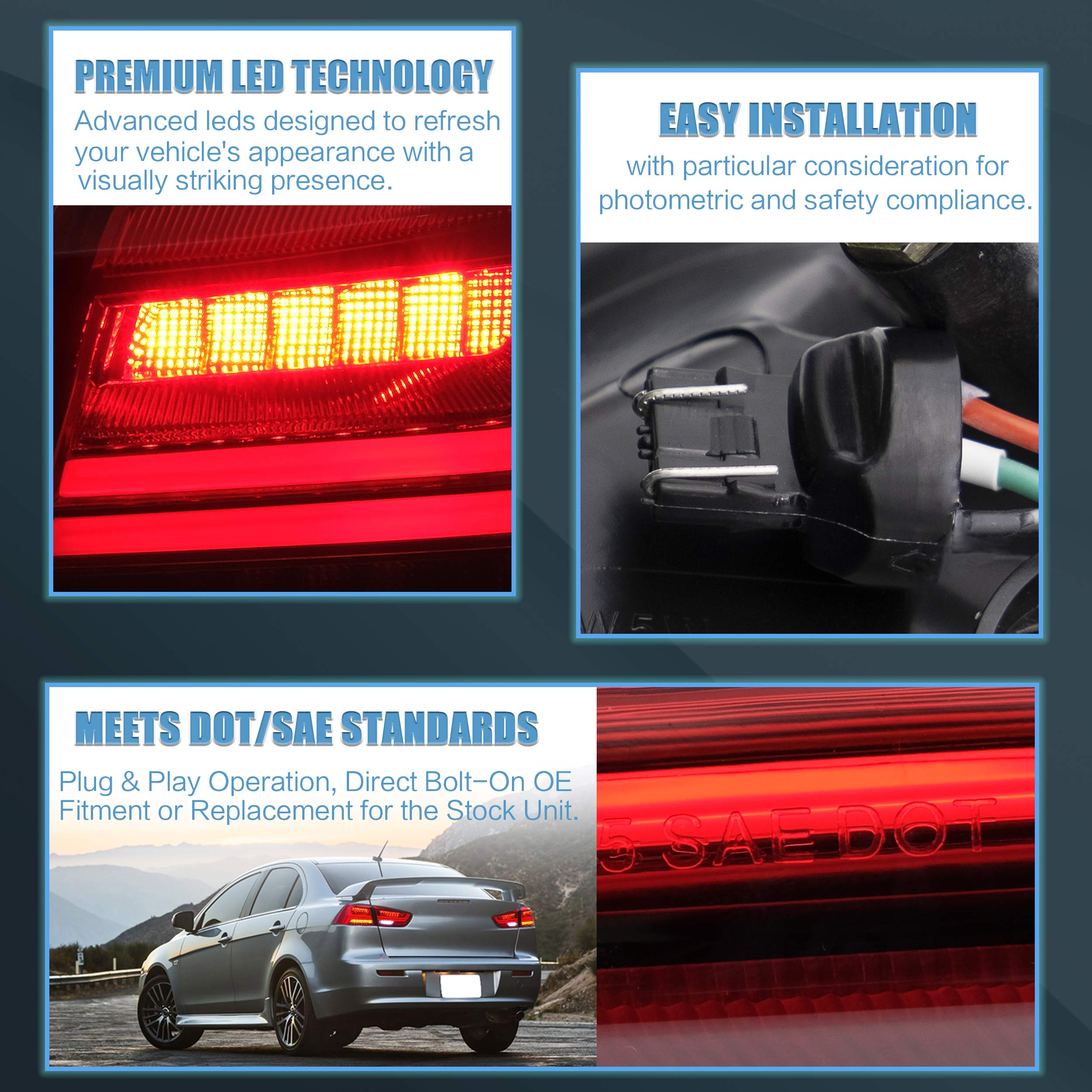 VLAND LED Tail Lights Assembly for Mitsubishi Lancer EVO X 2008-2020 - Sequential Turn Signal, Red - Not Compatible with Lancer Fortis/io | Upgrade Your Car's Style & Safety for Night Driving