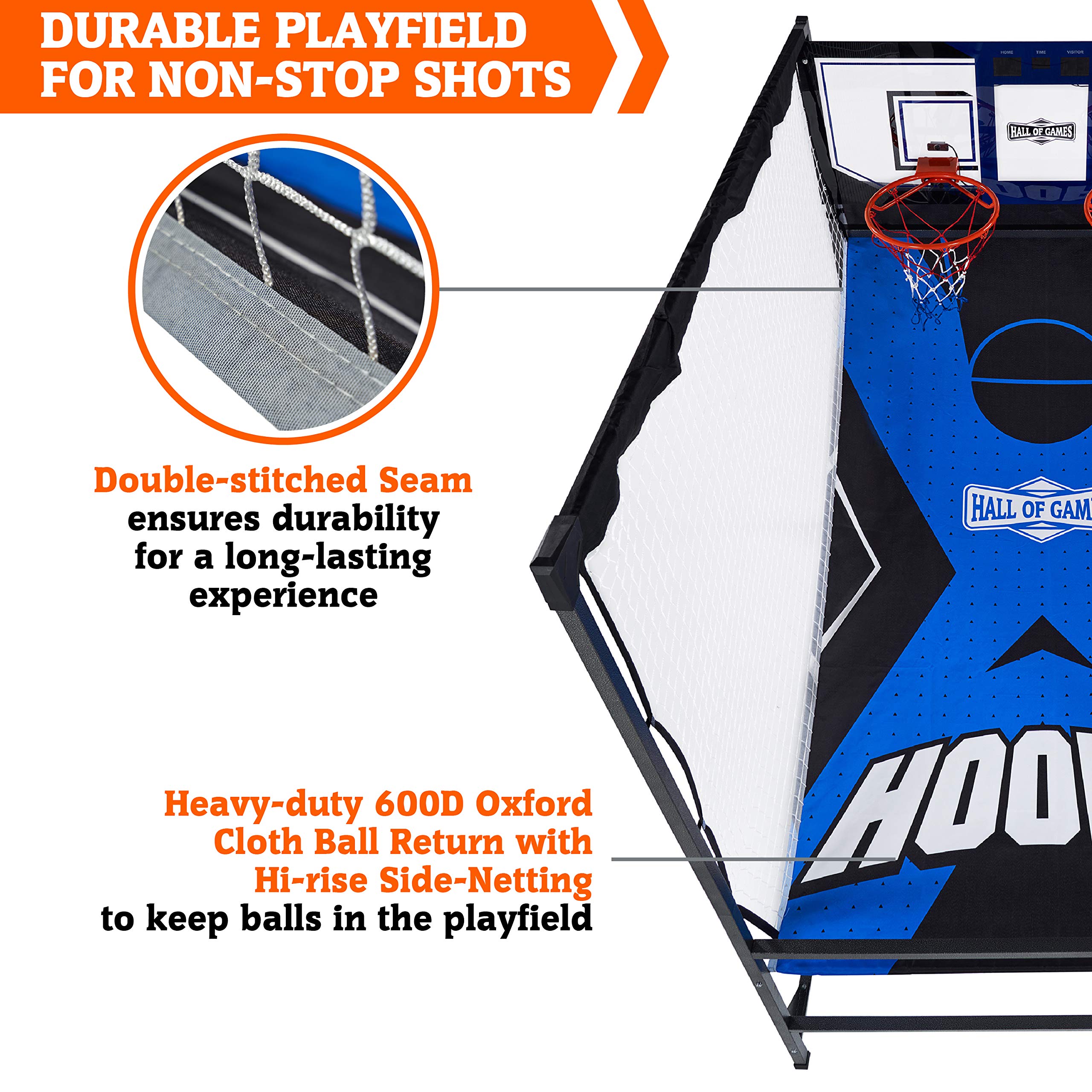 Hall of Games Premium Arcade Cage Basketball Game - Steel Frame & Polycarbonate Backboard, Dual Shot LED Scoring with 6 Size 8.5 Inch Basketballs - Perfect for Indoor Sports, Game Rooms & Family Fun