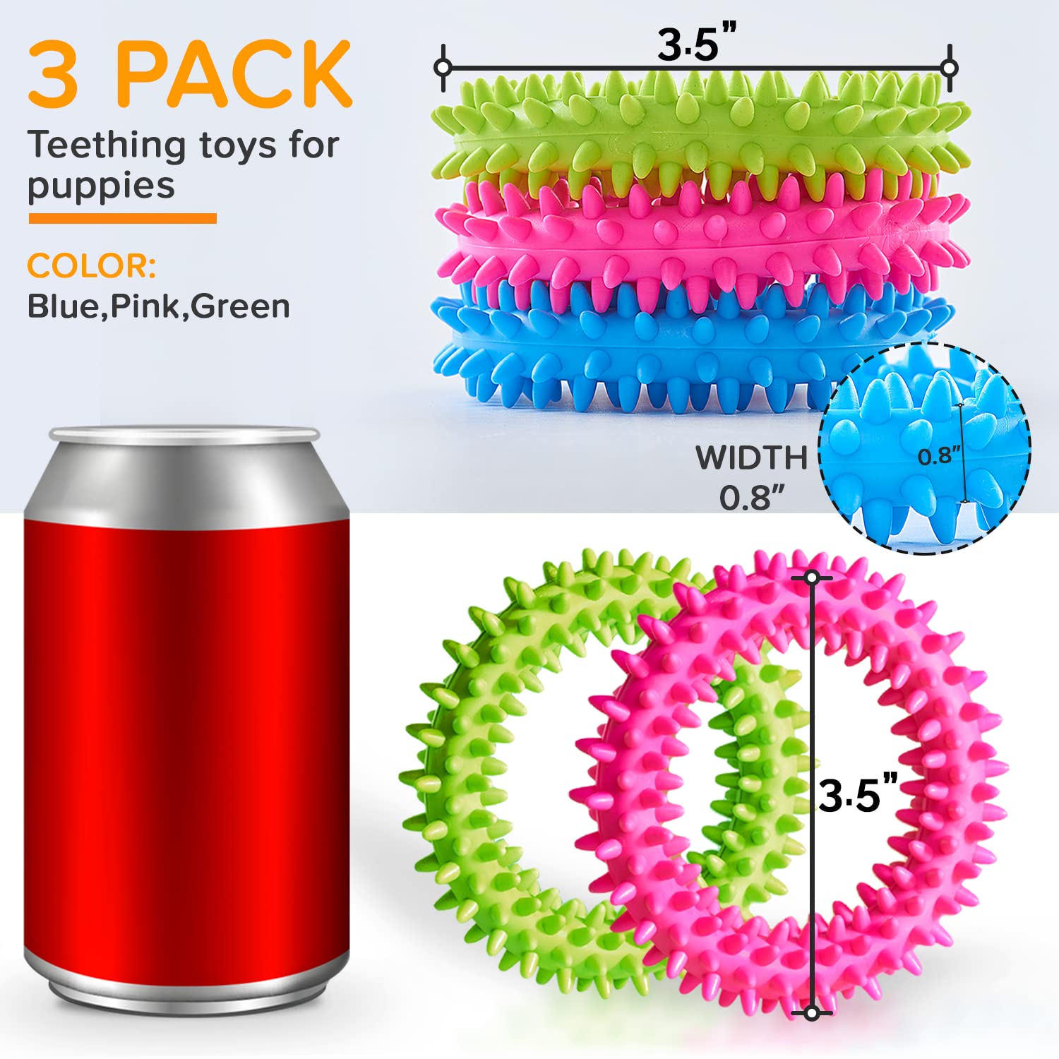Hurray 3 Pack Puppy Teething Chew Toys - Relieve Itching, Clean Teeth, Durable Rubber Dental Chew for Small Dogs & Puppies Up to 15 lbs - Perfect for Teething Relief and Indoor Playtime