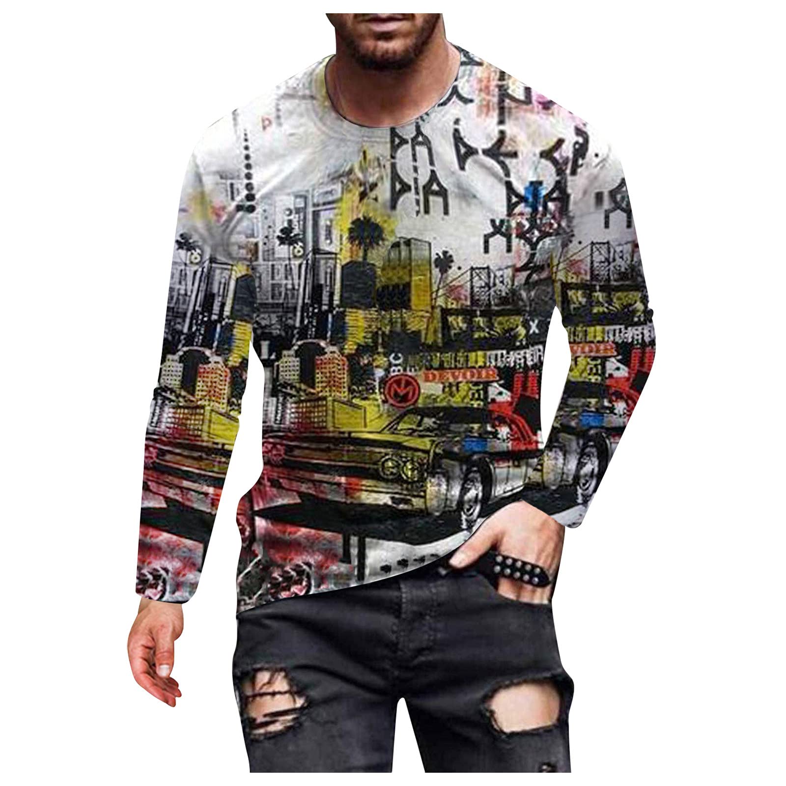 BEUU Men's Long Sleeve T-Shirt - Fall Streetwear Abstract Art Portrait Print Crewneck Tee for Workout, Athletics & Casual Wear | Perfect for Gym, Street Style & Everyday Outfits