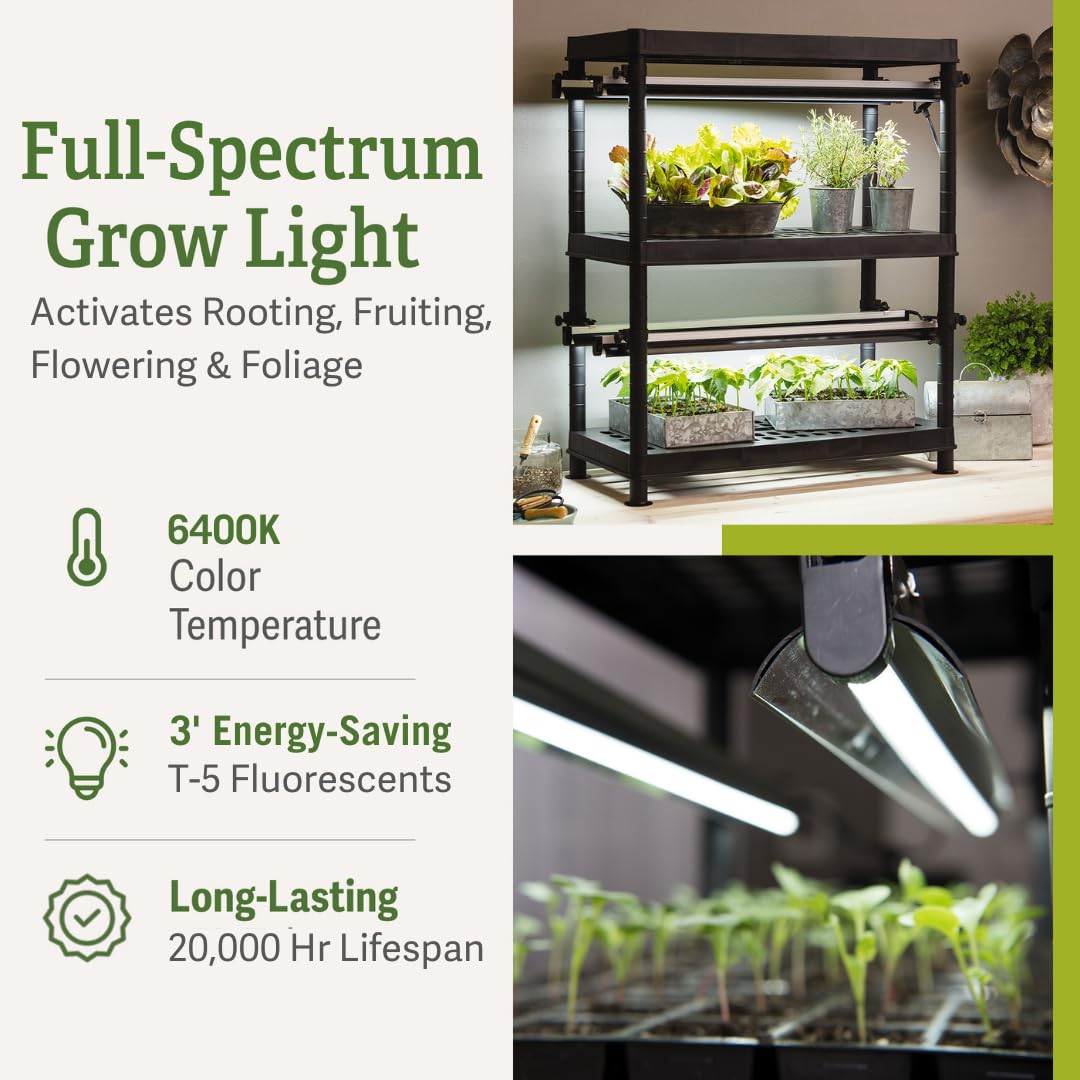 Gardener's Supply Company Stack-n-Grow 2-Tier Grow Light System Plant Stand with 4 Full Spectrum T-5 Fluorescent Bulbs - Energy Efficient Indoor Gardening Solution for Seed Starting, Houseplants & Succulents | Perfect for Home Greenhouses, Hydroponics & Urban Farming
