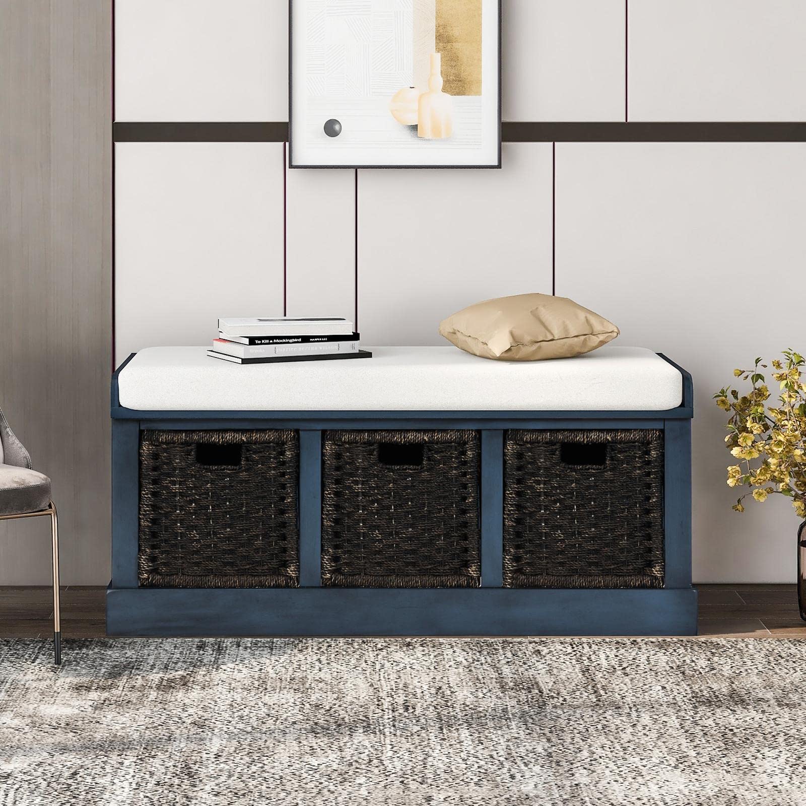 JINS&VICO Entryway Storage Bench with 3 Rattan Baskets & Removable Cushion - Multifunctional Shoe Bench & Footrest in Antique Blue - Perfect for Hallway, Living Room & Bedroom Organization
