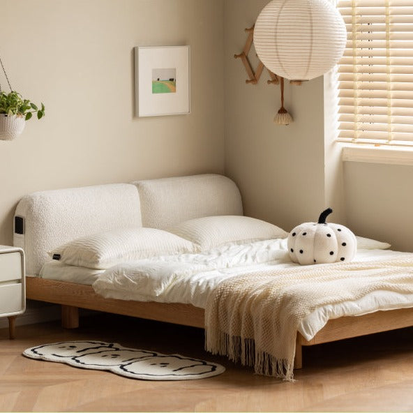 Premium Oak Solid Wood Lamb Fleece Soft Suspension Cream Bed - Cozy & Supportive Sleeping Solution for Modern Bedrooms, Guest Rooms & Nursery Decor