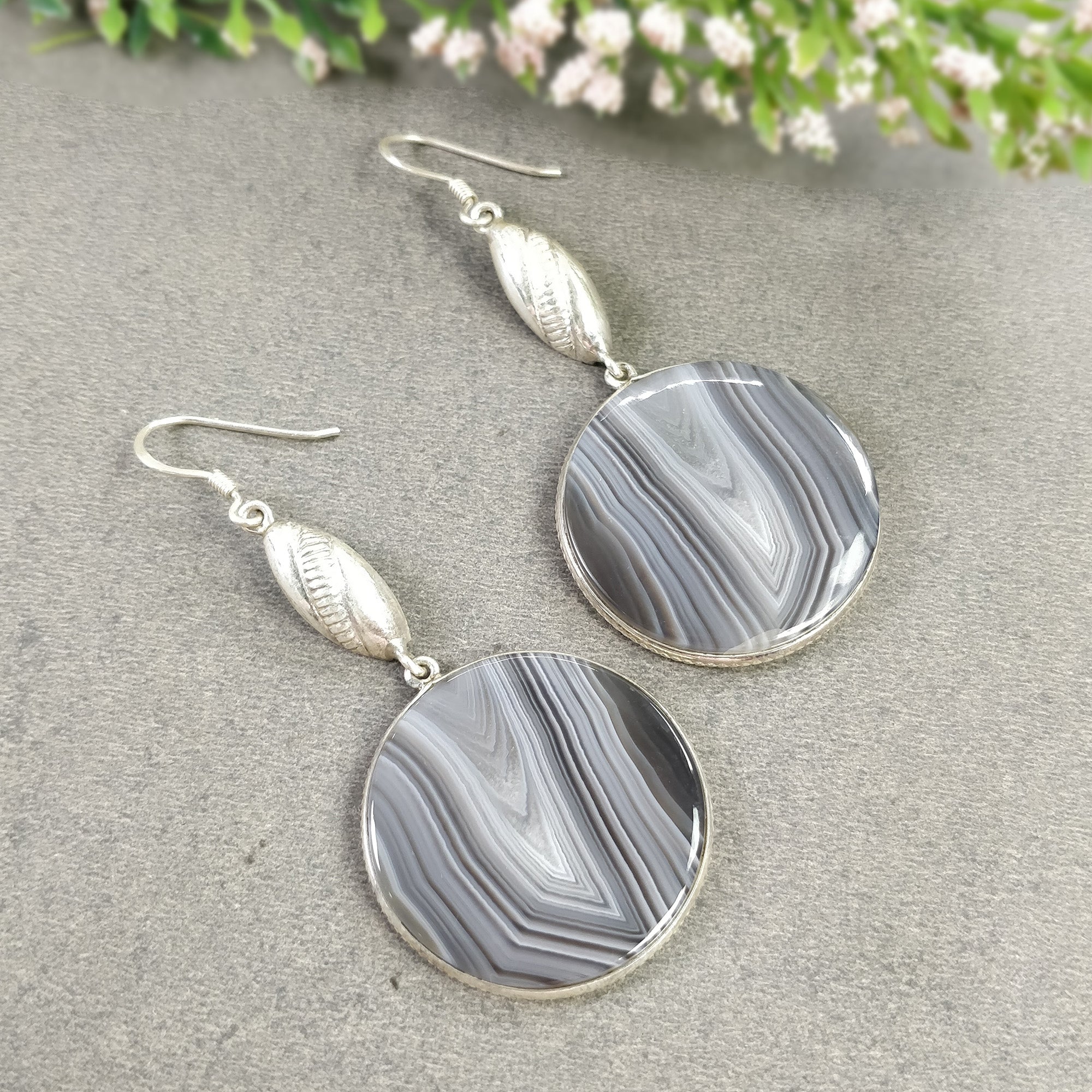 Botswana Agate Gemstone Earrings - 18.94g Natural 925 Sterling Silver Bi-Color Round Bezel Set Drop Dangle Hook Earrings (2.5 Inch) for Women | Perfect for Parties, Weddings & Everyday Elegant Wear