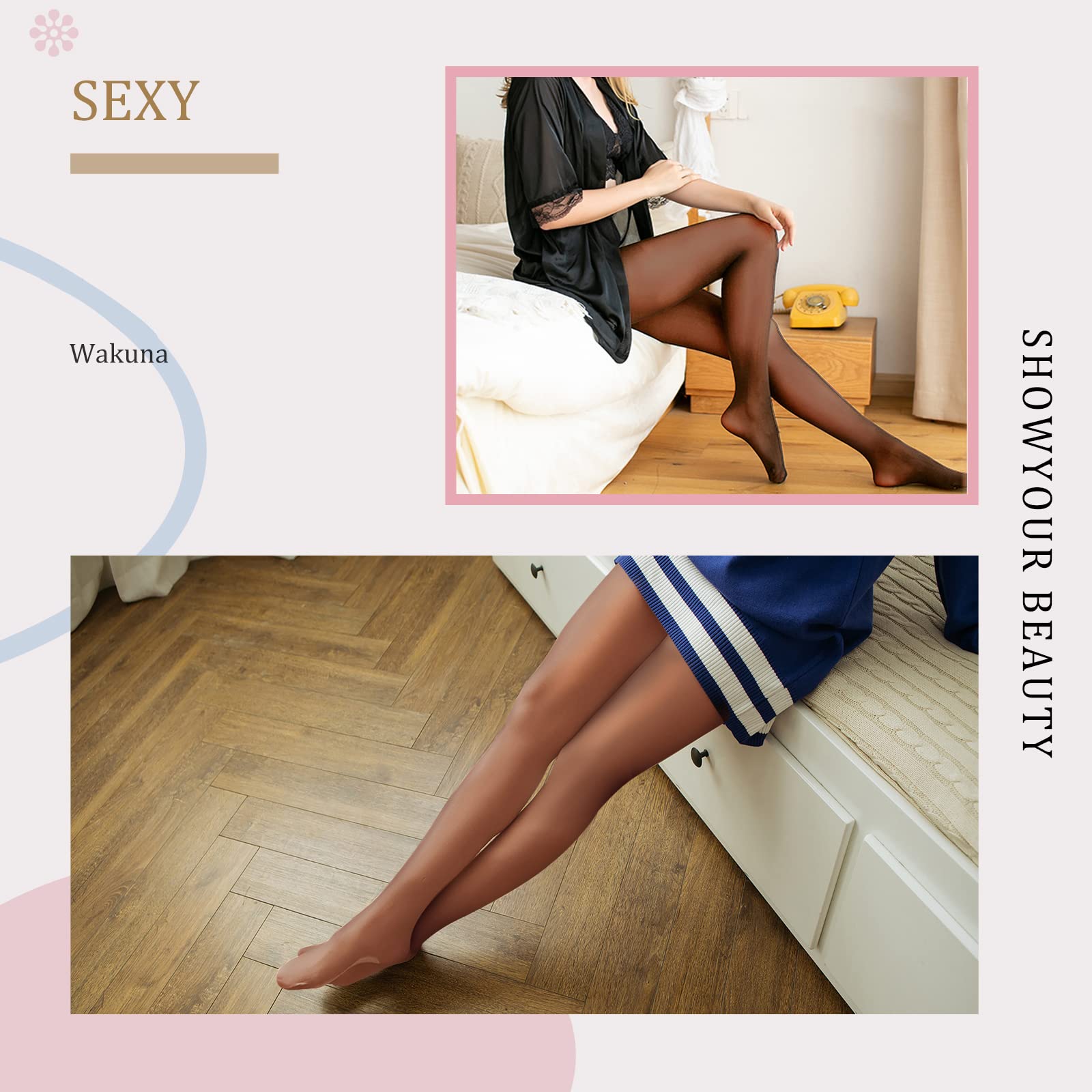 WAKUNA 20D Sheer Tights for Women - Black/Nude, Reinforced Toes for Daily Wear