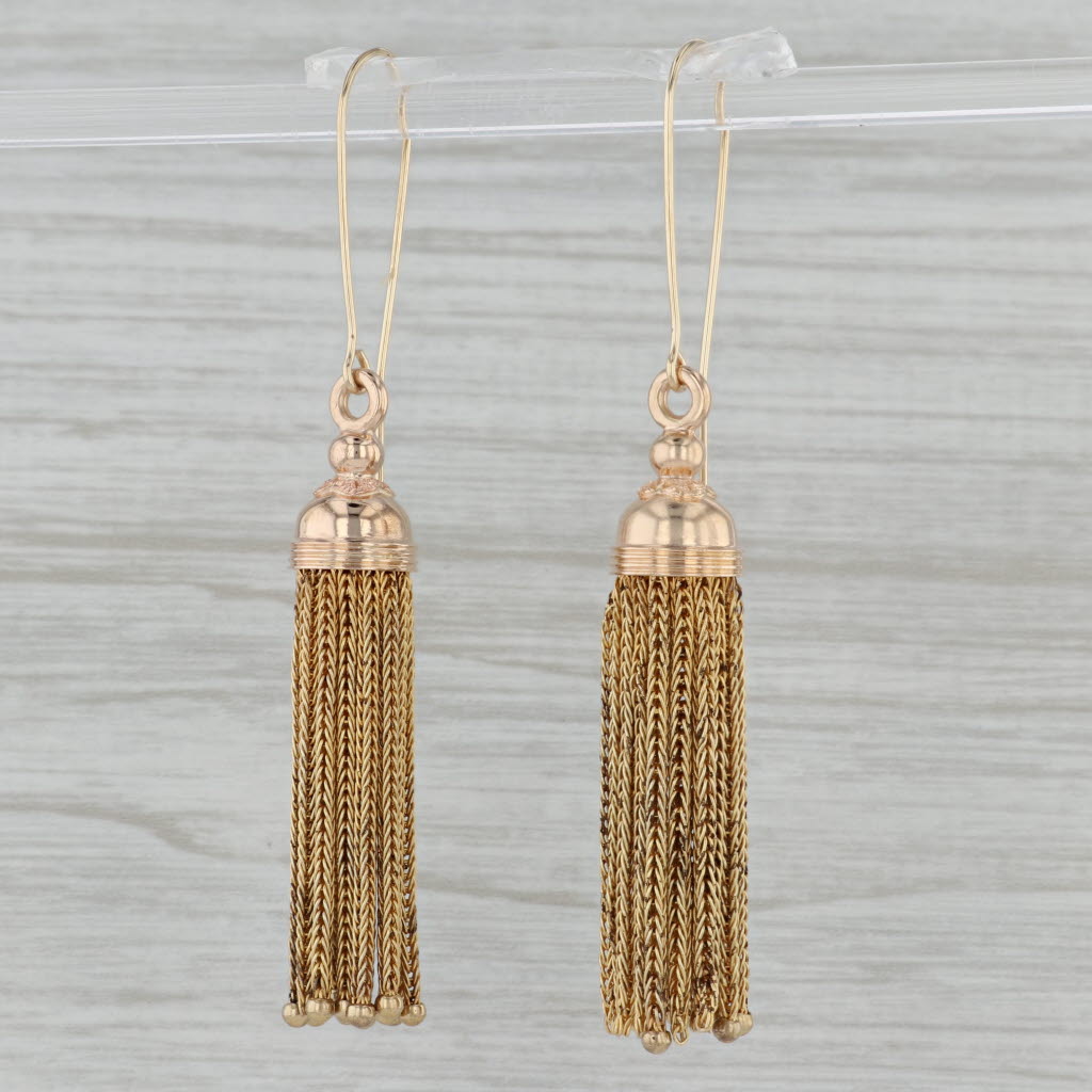 Antique 14K Yellow Gold Fringe Tassel Dangle Earrings with New Hook Posts - Elegant Vintage Jewelry for Parties, Weddings & Special Occasions