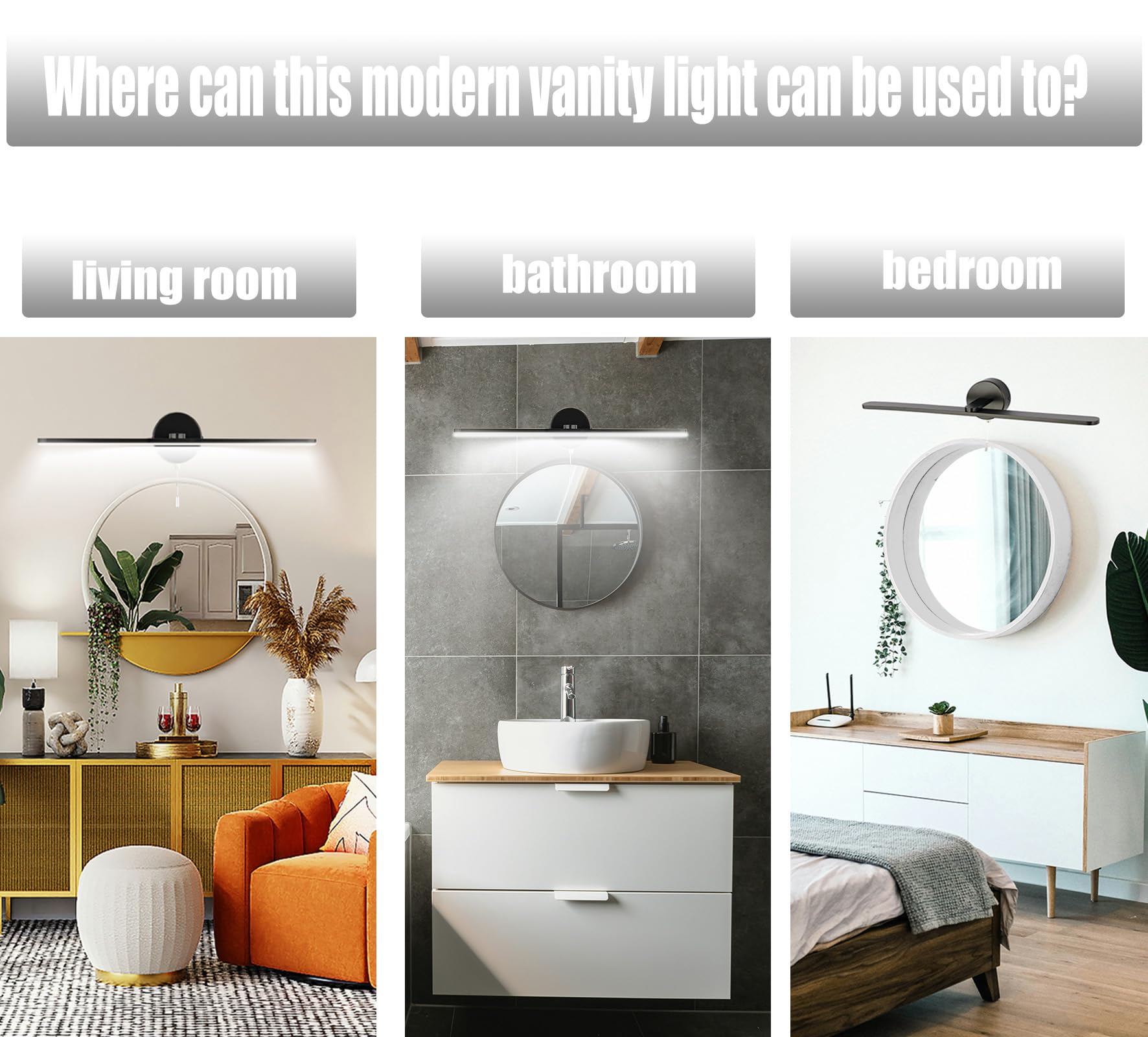 Modern Black 24 Inch LED Vanity Light Bar - Bathroom Mirror Lighting Fixture with 5000K Daylight & Pull Chain Switch - Perfect for Bathroom Vanity, Dressing Room & Makeup Area Wall Sconces