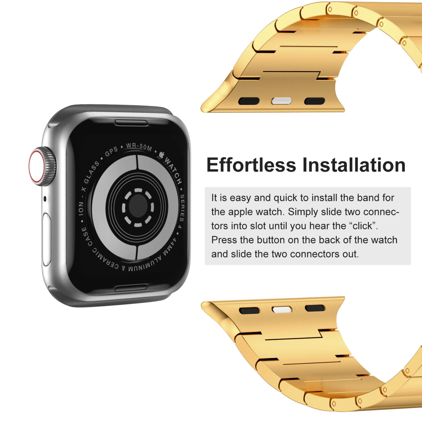 Fitlink Upgraded Stainless Steel Metal Watch Band for Apple Watch Series 6/SE/5/4/3/2/1 - Gold, Compatible with 38mm 40mm Bands, Perfect for Workouts, Office & Everyday Wear