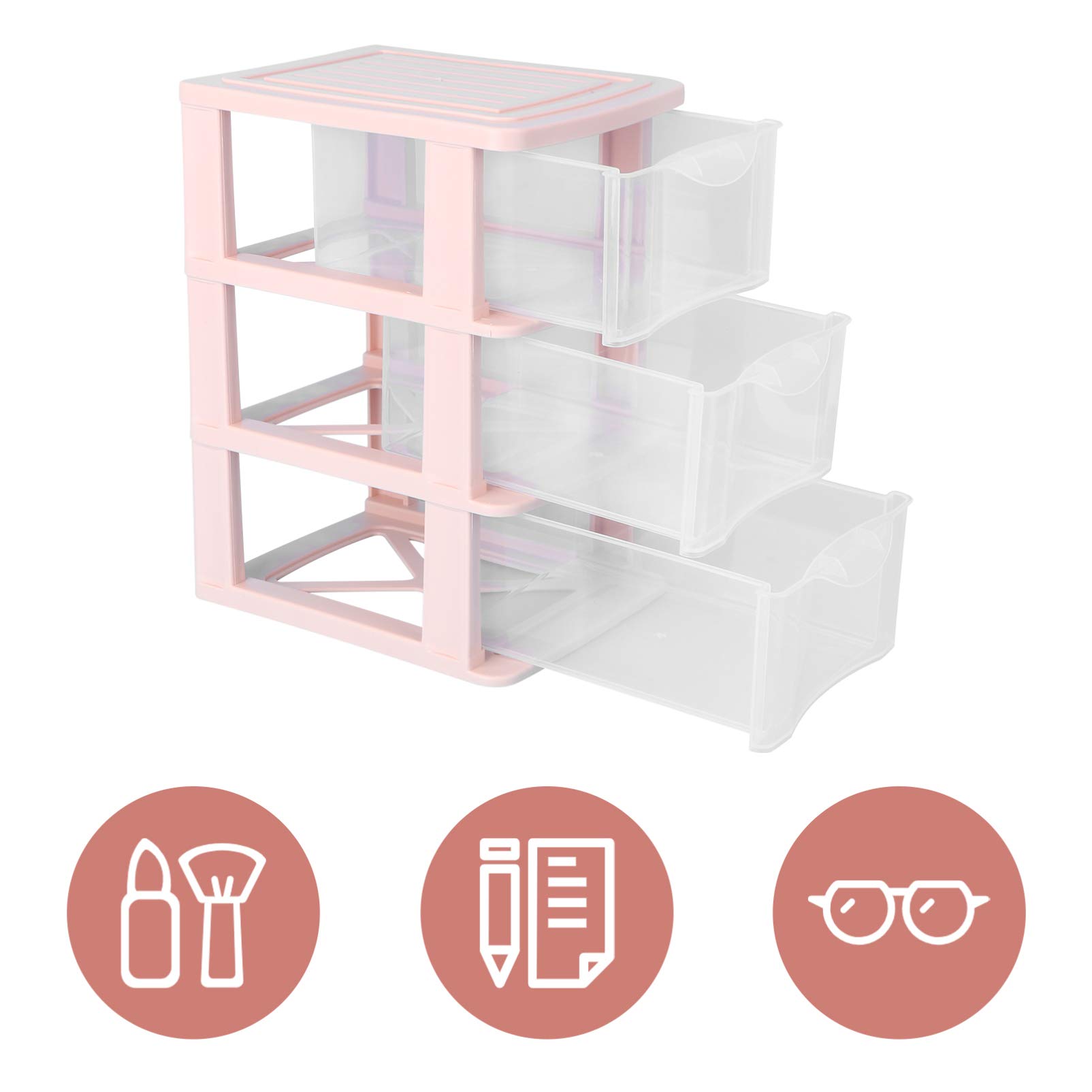 Yardwe 3-Tier Clear Plastic Drawer Organizer - Pink for Home & Office Storage