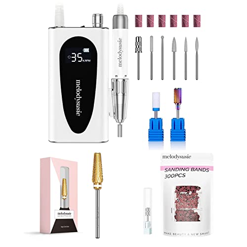 MelodySusie Professional Rechargeable 35000RPM Electric Nail Drill Kit - Upgrade 5-in-1 Nail Drill Bits with 300 Pcs Sanding Bands for Manicure & Pedicure - Perfect for Salon, Home & Professional Nail Care