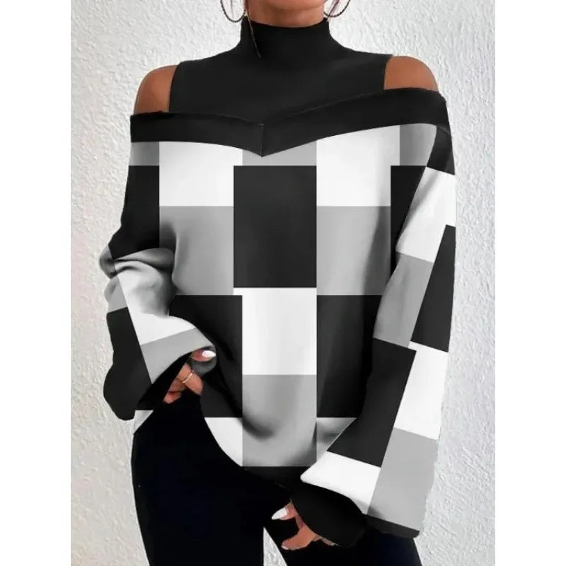 2024 Women's Long Sleeve Turtleneck Tops - Sexy Off Shoulder Hollow Out Loose Print T-Shirt | Autumn Fashion Casual Wear for Date Night, Office & Weekend Outfits