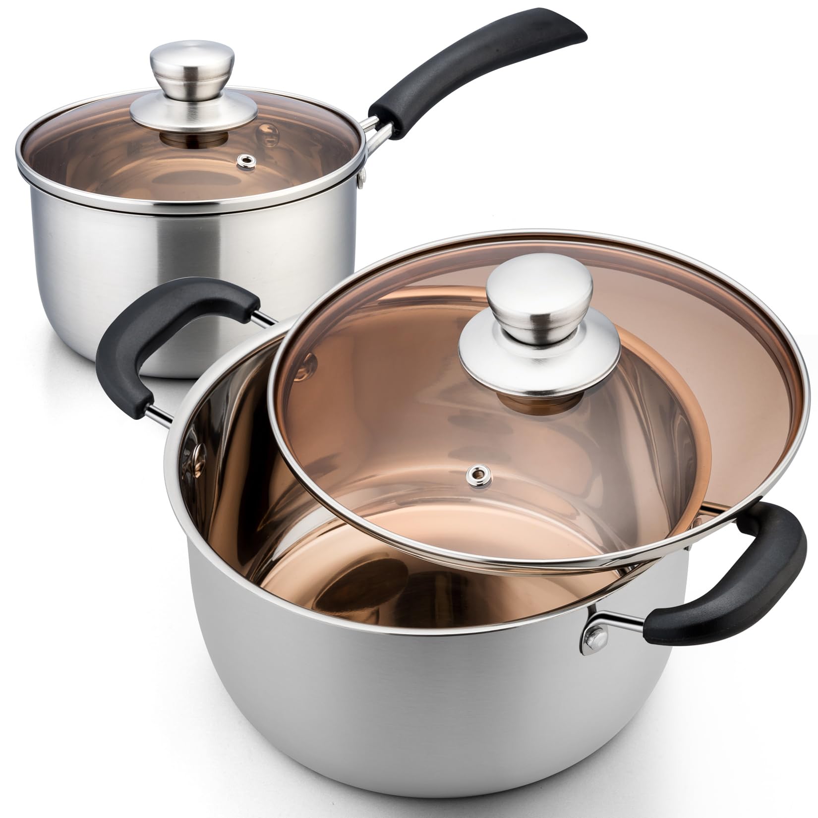 Premium P&P CHEF Stainless Steel Saucepan and Stockpot Set with Lid - 2QT & 4QT Kitchen Cookware for Boiling, Stewing & Cooking - Heat-Resistant Handles & Glass Lid - Dishwasher Safe - Perfect for Home Chefs & Professional Kitchens