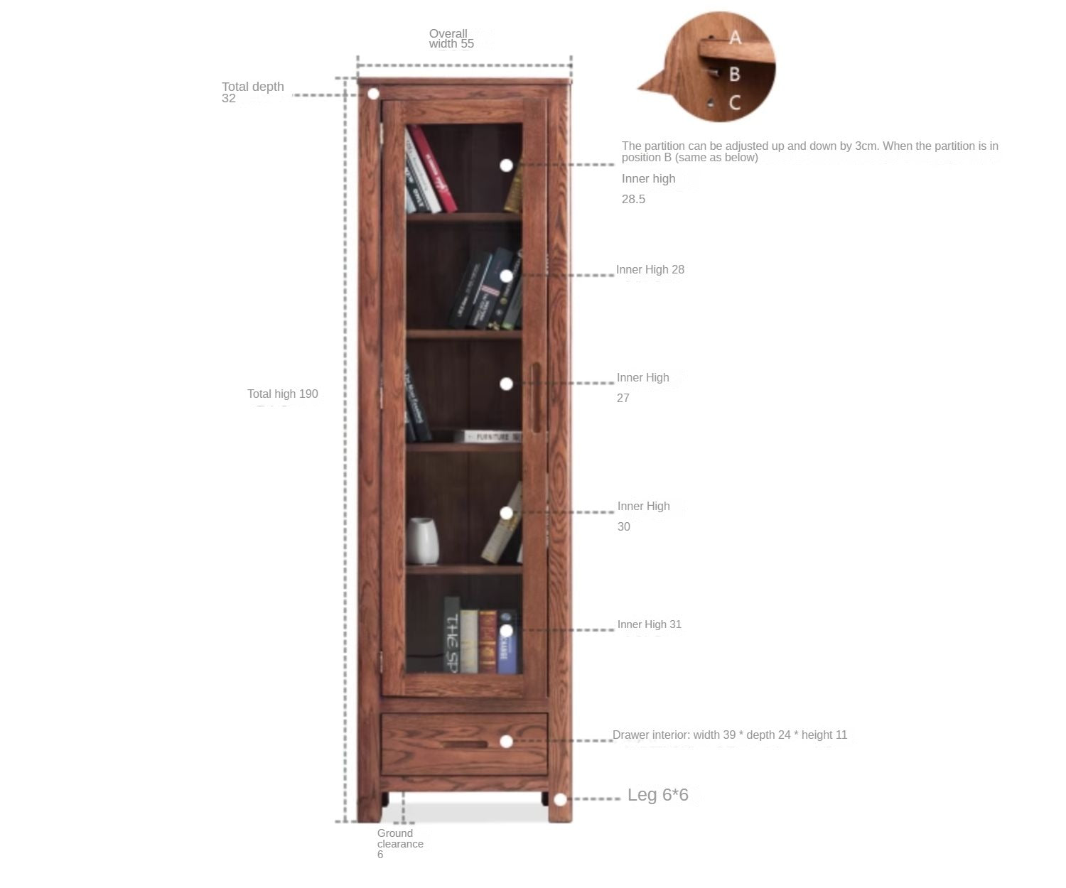 Oak Solid Wood Nordic Bookcase with Glass Door - Modern Bookshelf for Living Room, Office & Study - Perfect for Home Decor & Storage