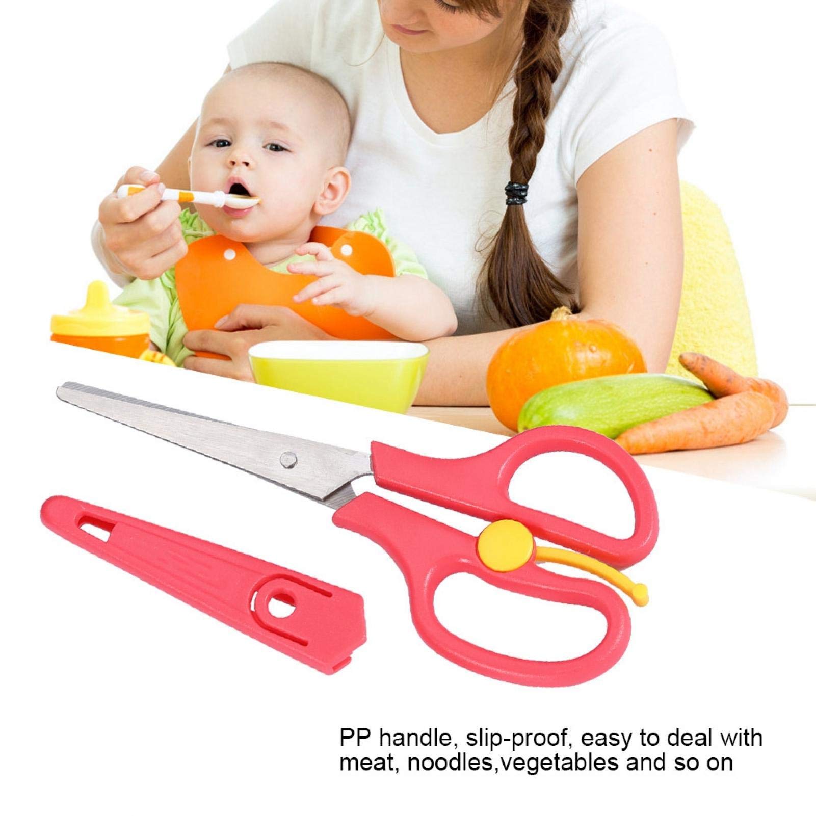 Baby Food Scissors - Stainless Steel Safety Cutter for Kids with Cover | Infant Complementary Feeding Tool (Red)