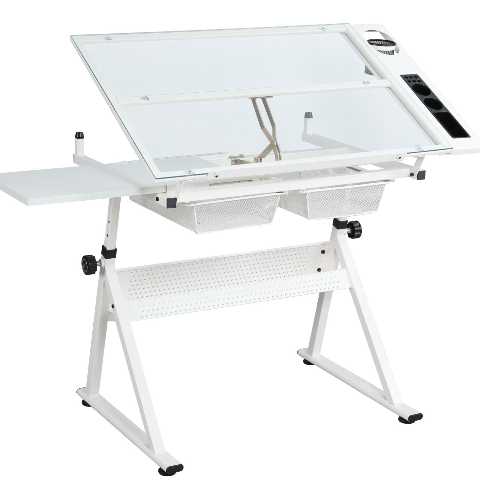 Adjustable Tempered Glass Drafting Table with Stool - Modern Art Studio Desk for Drawing, Design & Office Work | Perfect for Artists, Architects & Students in Home Office or School Settings