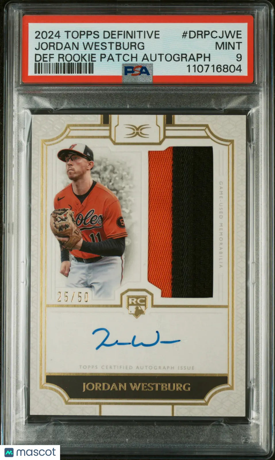 2024 Topps Definitive Collection Rookie Patch Auto Jordan Westburg PSA 9 /50 - Limited Edition Baseball Card for Collectors & Investors - Perfect for Display, Trading, and Portfolio Growth