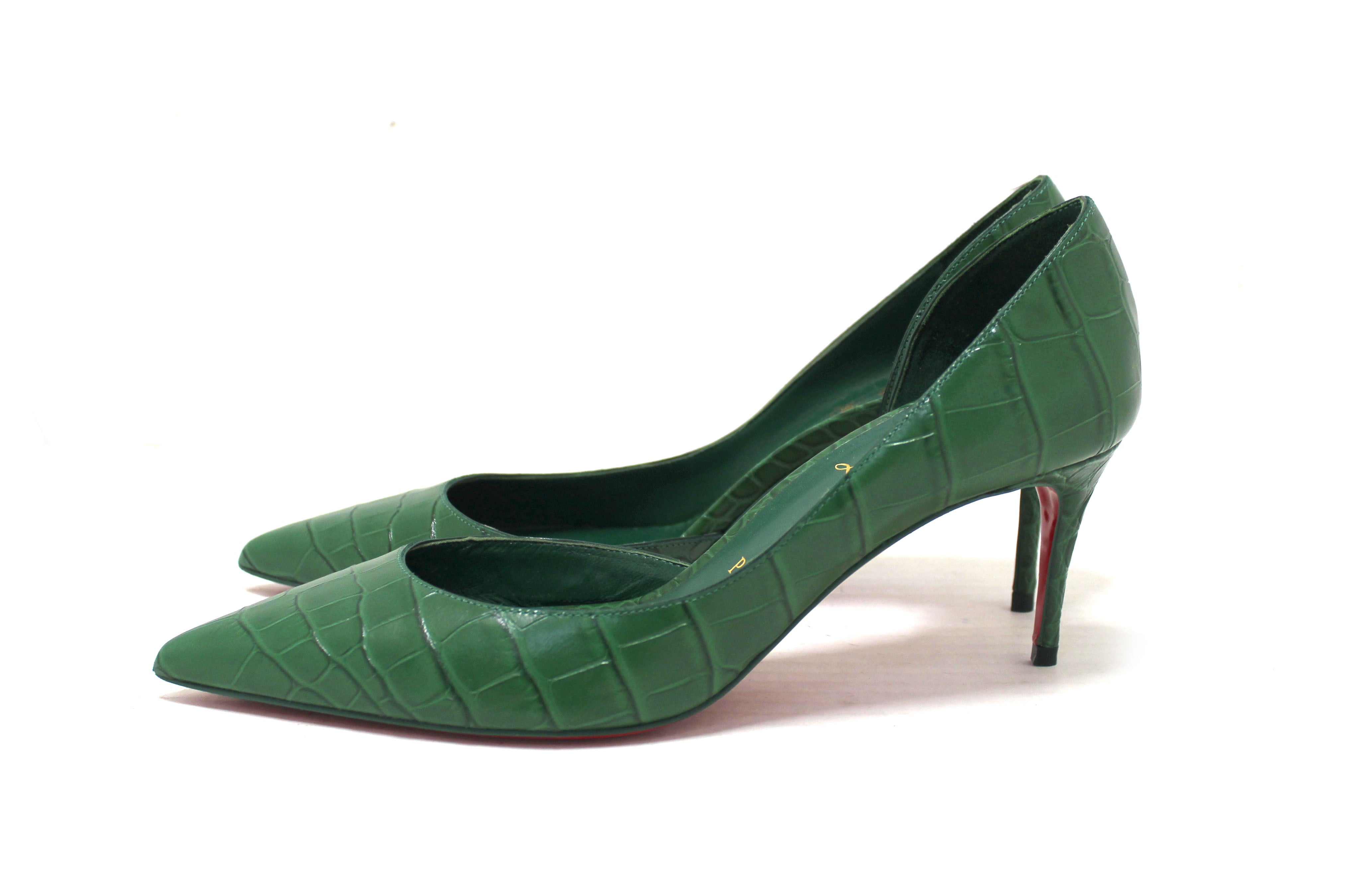 Authentic Christian Louboutin Green Crocodile Leather Pointed Toe Stiletto Heels Women's Size 38.5 - Luxury High Heels for Parties, Weddings & Special Occasions