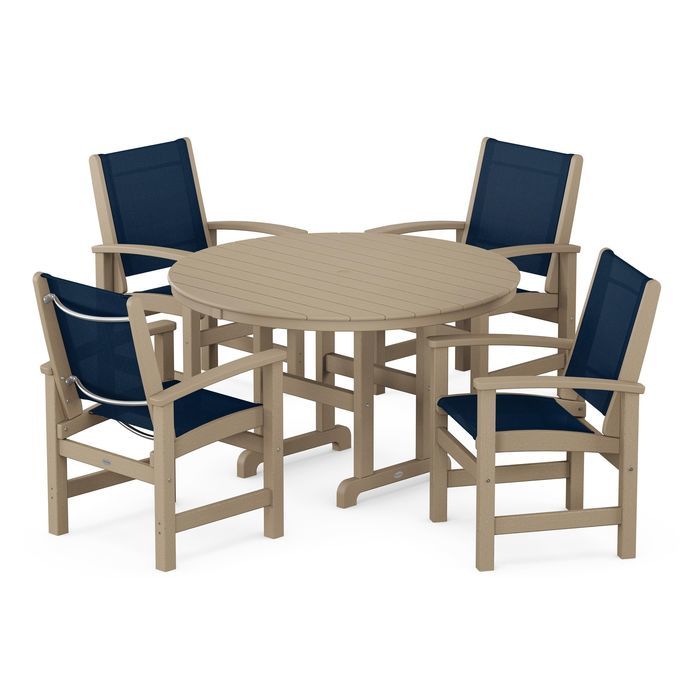 POLYWOOD Coastal 5-Piece Round Farmhouse Dining Set - Outdoor Patio Furniture for Backyard, Poolside & Beach House Dining