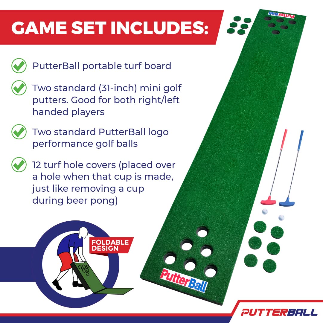 PutterBall Original Golf Pong Game Set - 2 Putters, 2 Balls & Hole Covers - Backyard Putting Green Mat for Indoor & Outdoor Fun - Perfect Party Game for Home, Office, Beach - Great Gift for Family & Friends - Ideal for BBQs, Tailgating & Backyard Parties