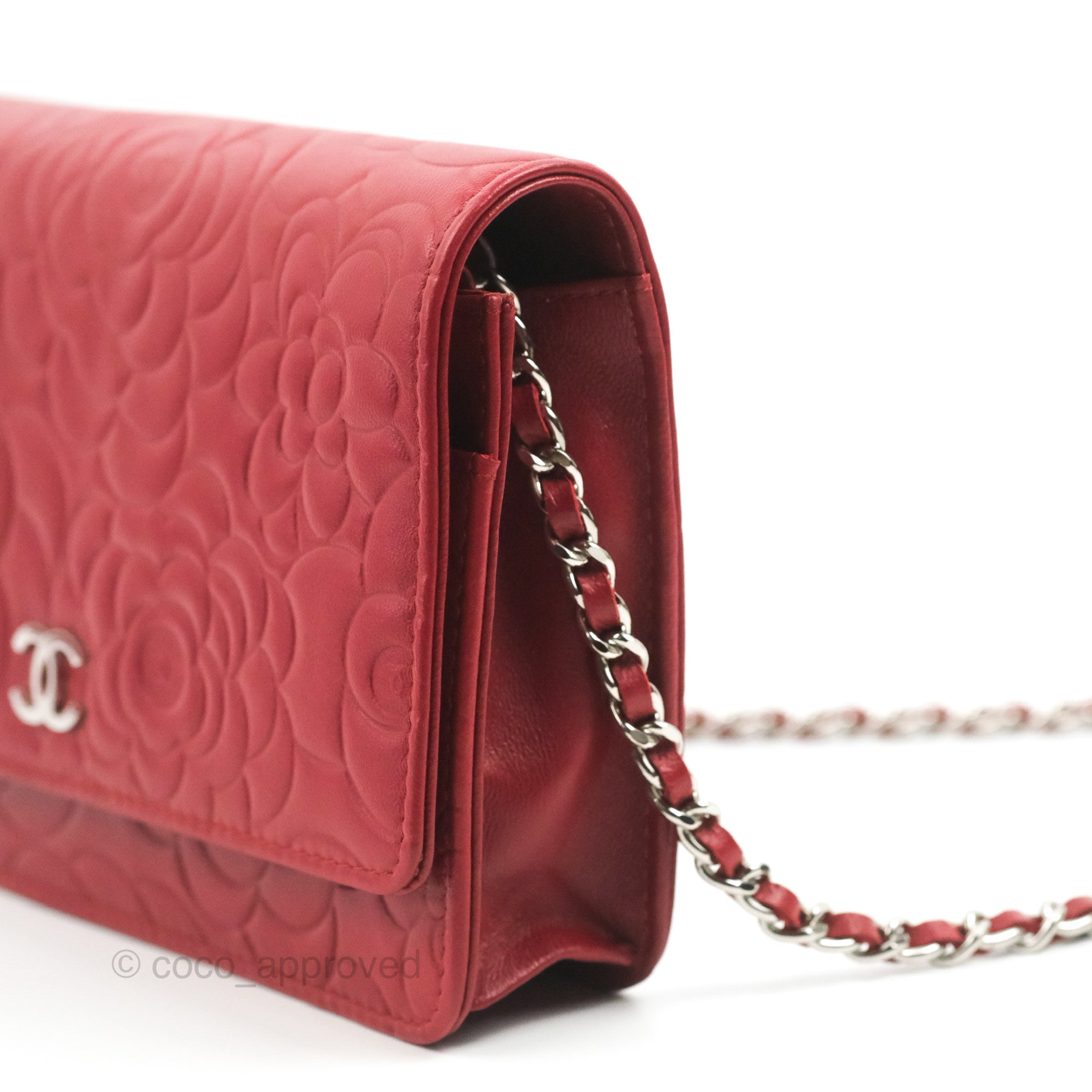 Chanel Camellia Embossed Wallet on Chain WOC in Red Lambskin with Silver Hardware - Luxury Crossbody Bag for Women, Perfect for Evening Events & Date Nights