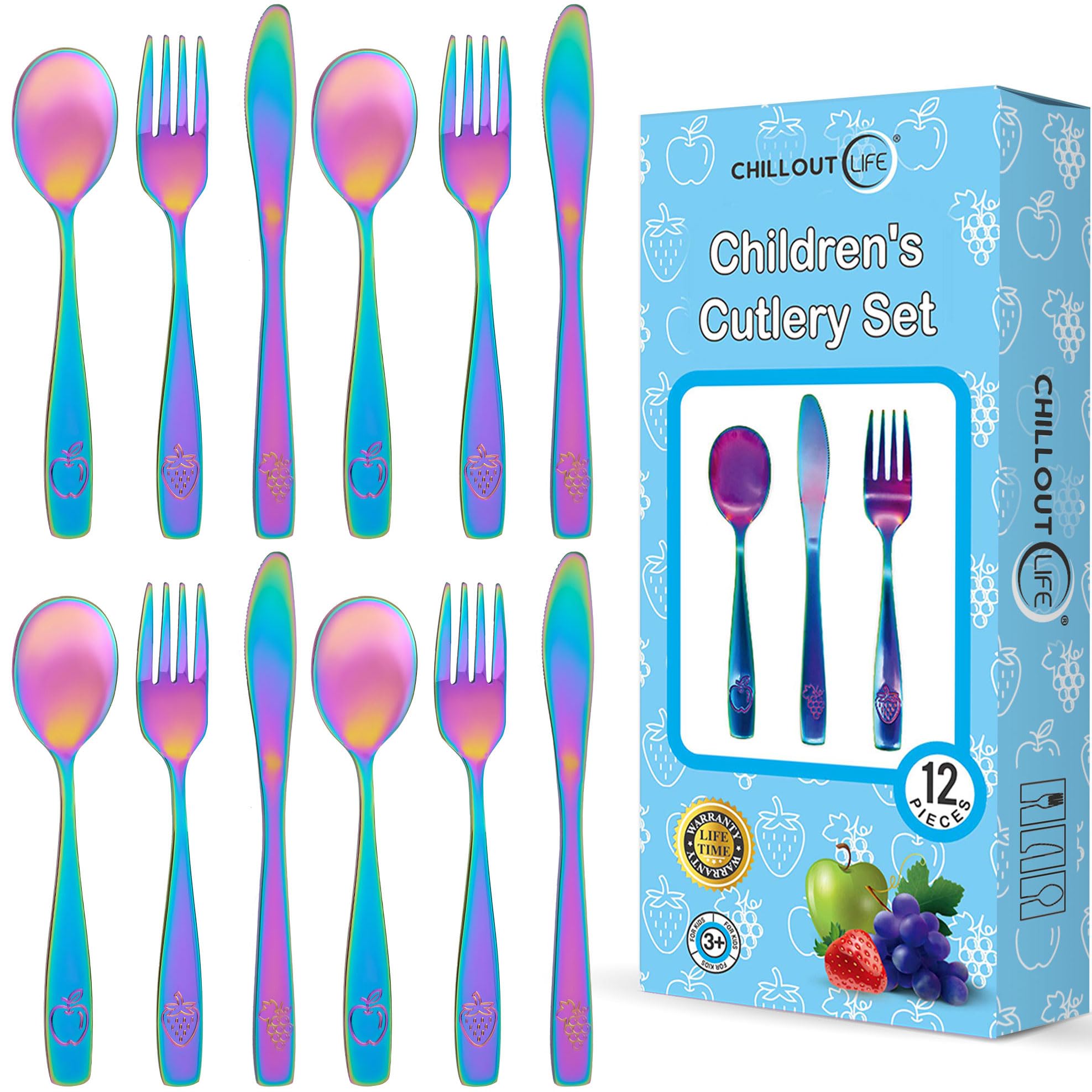 12-Piece Stainless Steel Kids Silverware Set - Safe Child & Toddler Flatware with 4 Spoons, 4 Forks & 4 Knives - Durable Metal Cutlery Set with UV Rainbow Finish - Perfect for Home, School Lunchboxes & Travel