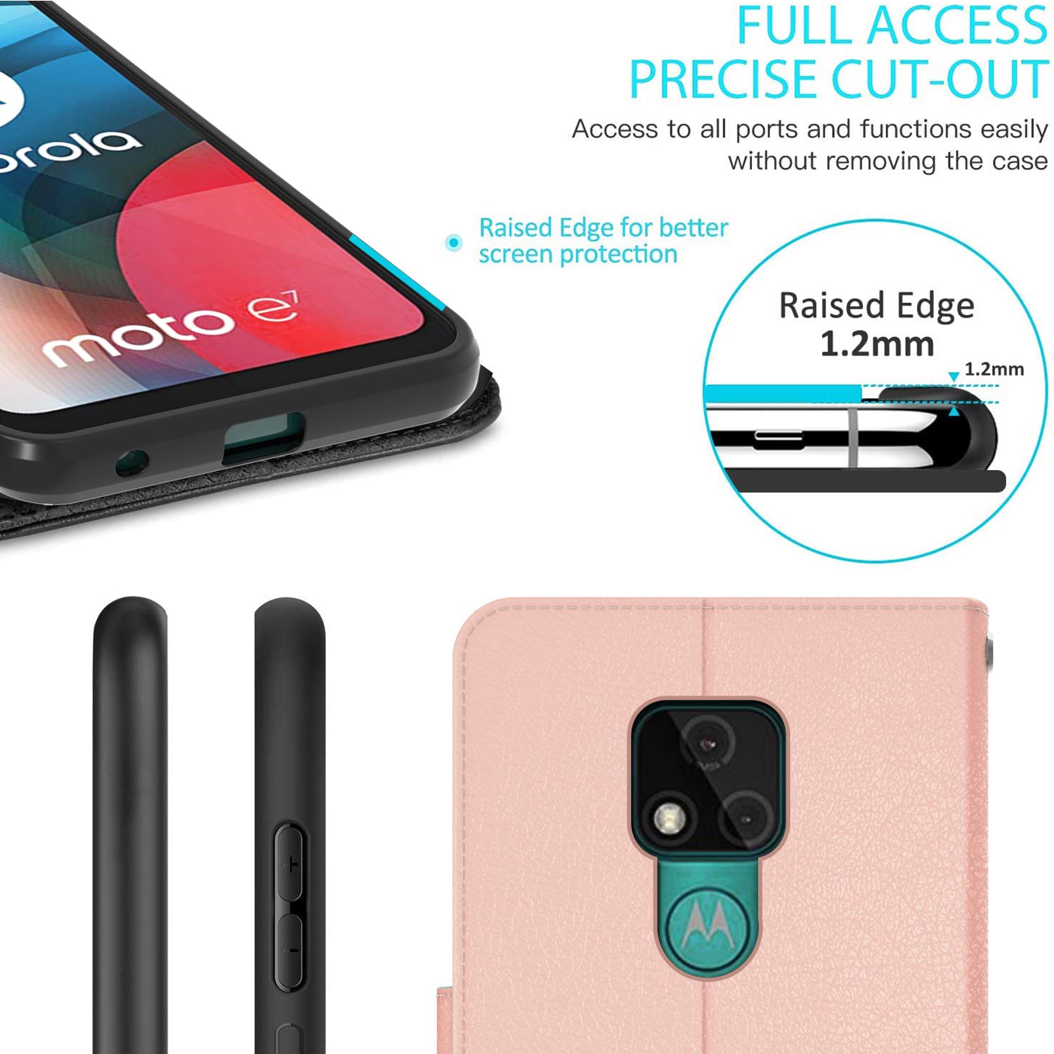 Premium Leather Wallet Case for Motorola Moto E7 - RFID Blocking Flip Folio with Stand | Rose Gold | Perfect for Business, Travel & Daily Protection