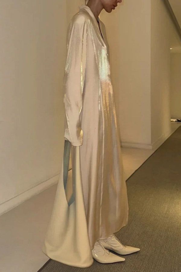 Elegant Solid Color Glossy V-Neck Long Sleeve Slit Maxi Dress for Women | Casual Party & Evening Wear | Perfect for Date Nights, Weddings, and Special Occasions