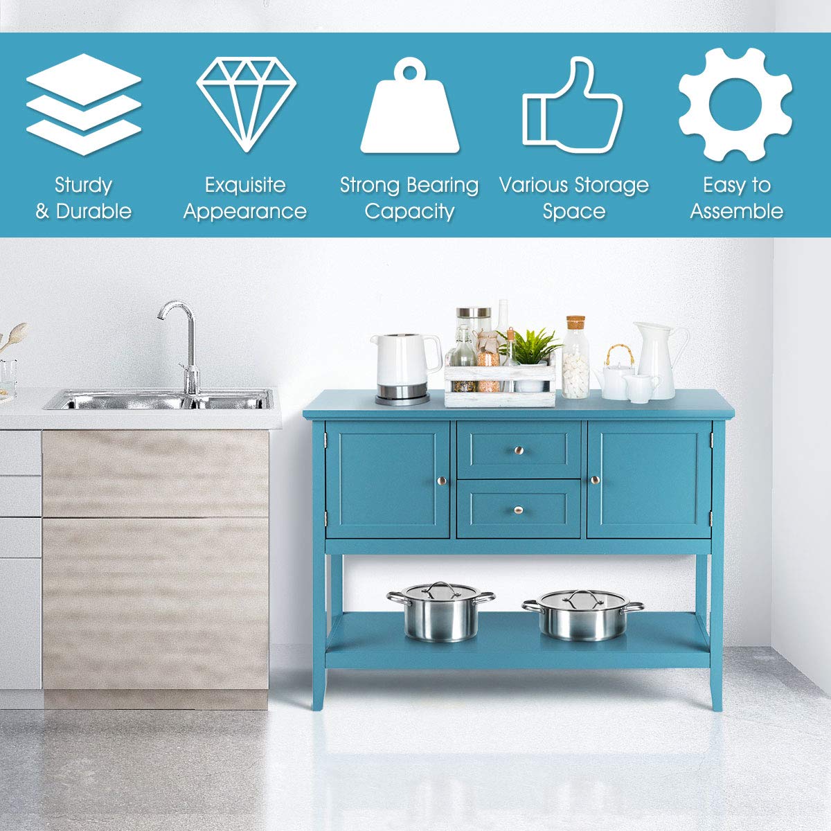 Furniga Wood Buffet Sideboard with Drawers & Cabinets for Living Room Dining Kitchen - Blue