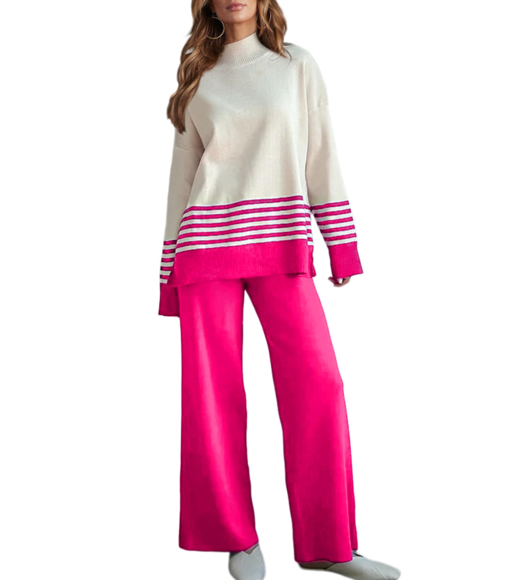 Women's Casual 2-Piece Sweater Set - Long Sleeve Striped Pullover Top & Wide Leg Pants Lounge Outfit | Cozy Winter Loungewear, Home Comfort, Street Style Fashion