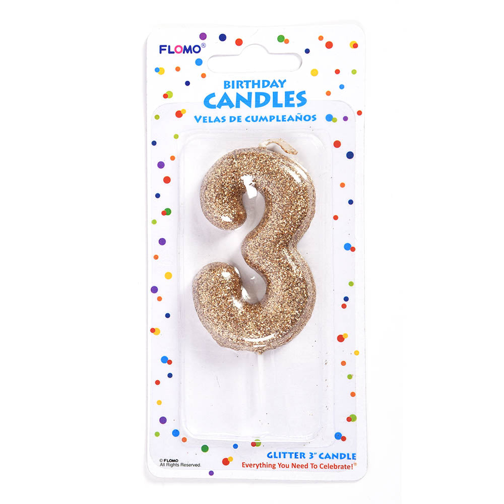 2.75 Inch Gold Glitter Number 3 Birthday Candles (1 Pack) - Perfect for Birthday Cakes, Cupcakes & Party Decorations