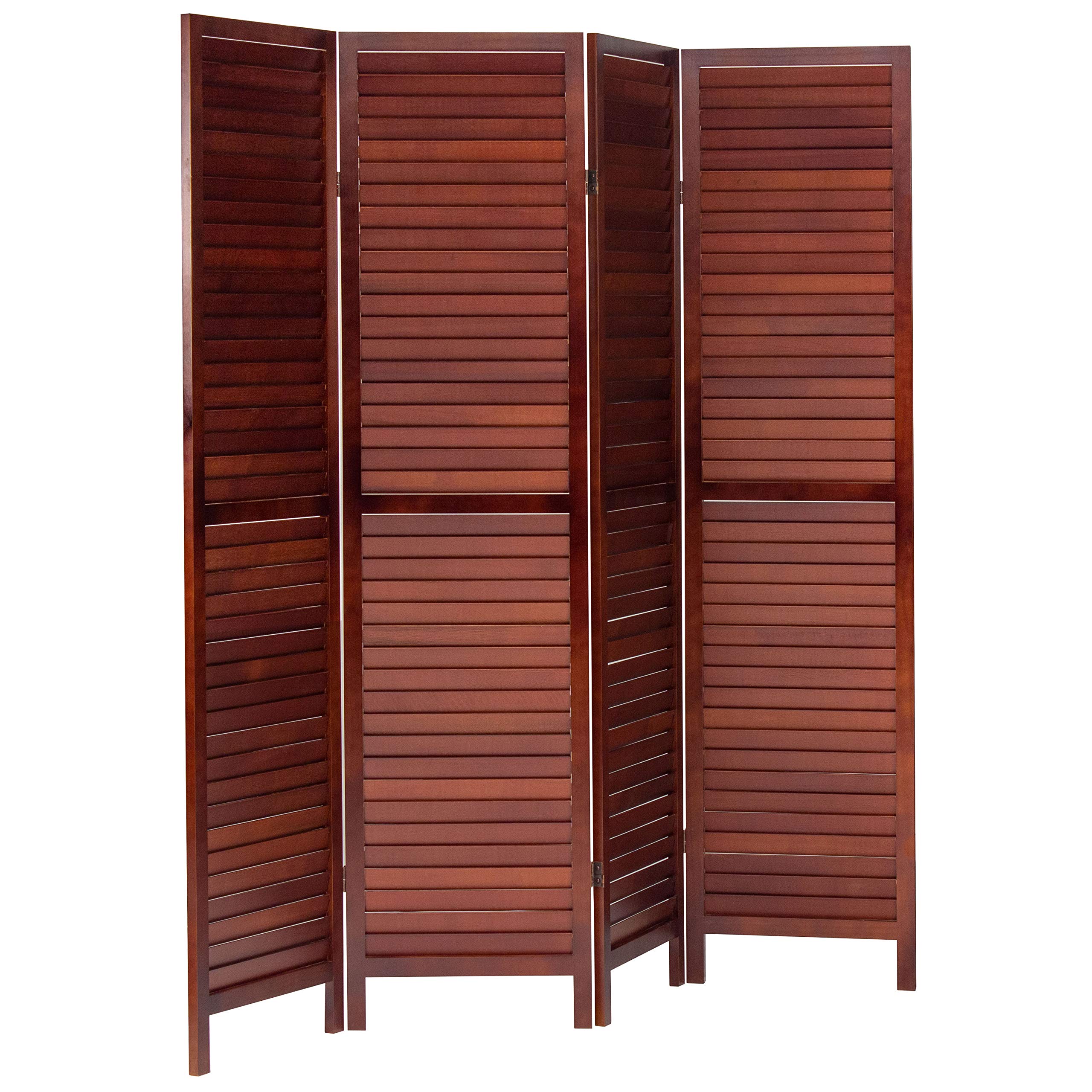 6 ft. Tall Walnut Wooden Louvered Room Divider - 4 Panel Folding Privacy Screen for Home Office, Living Room & Bedroom Separation