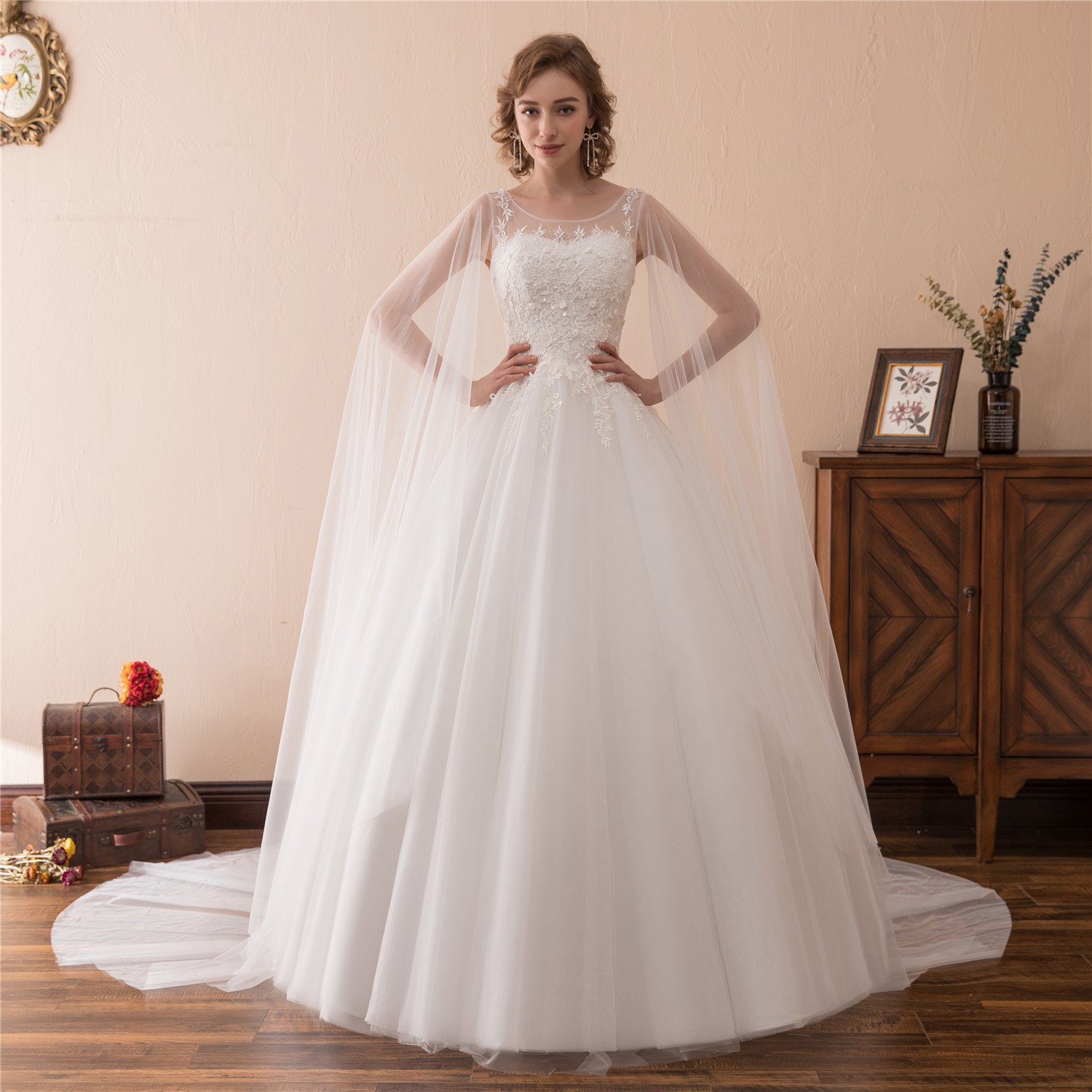 Elegant A-Line Lace Applique Tulle Wedding Dress with Detachable Shawl for Bride - Perfect for Church Ceremony, Beach Wedding & Romantic Photoshoot