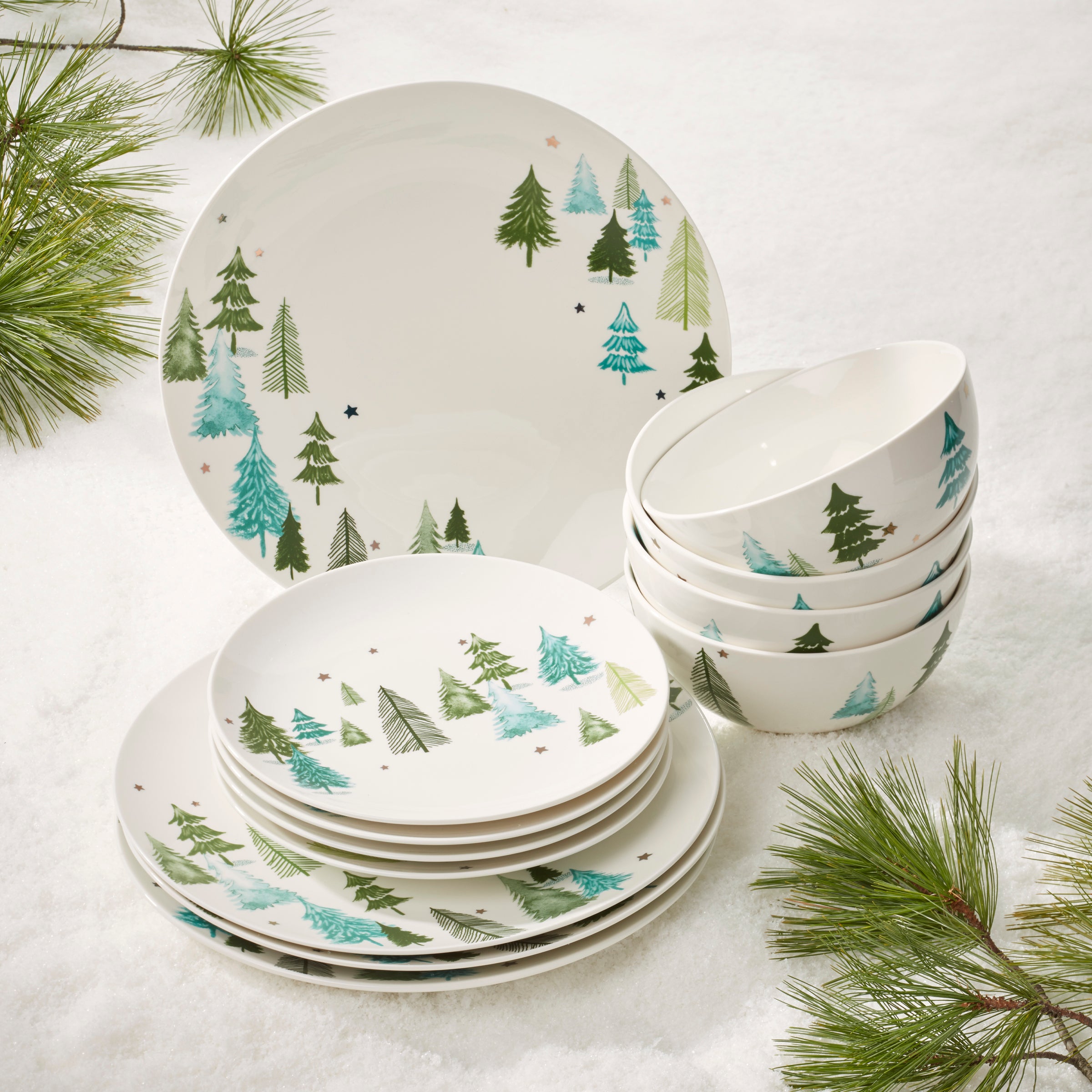 Balsam Lane 12-Piece Dinnerware Set - Porcelain Plates, Bowls & Mugs - Elegant Tableware for Everyday Dining, Family Gatherings & Dinner Parties