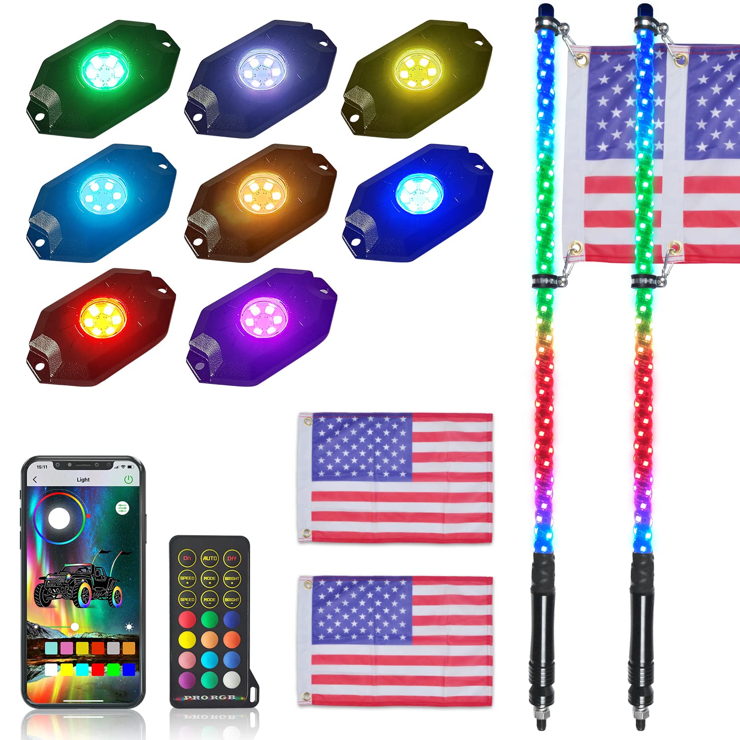 OHMU 2PCS 3FT LED Whip Lights & 3rd Gen Rock Lights Kit - Bluetooth & Remote Control, 8 Pods Neon Offroad Warning Lights for ATV, UTV, Jeep, Truck - Waterproof LED Whips Package (3FT 2Pcs + 8Pcs Rock Lights) - Perfect for Night Off-Roading, Camping & Emergency Signaling