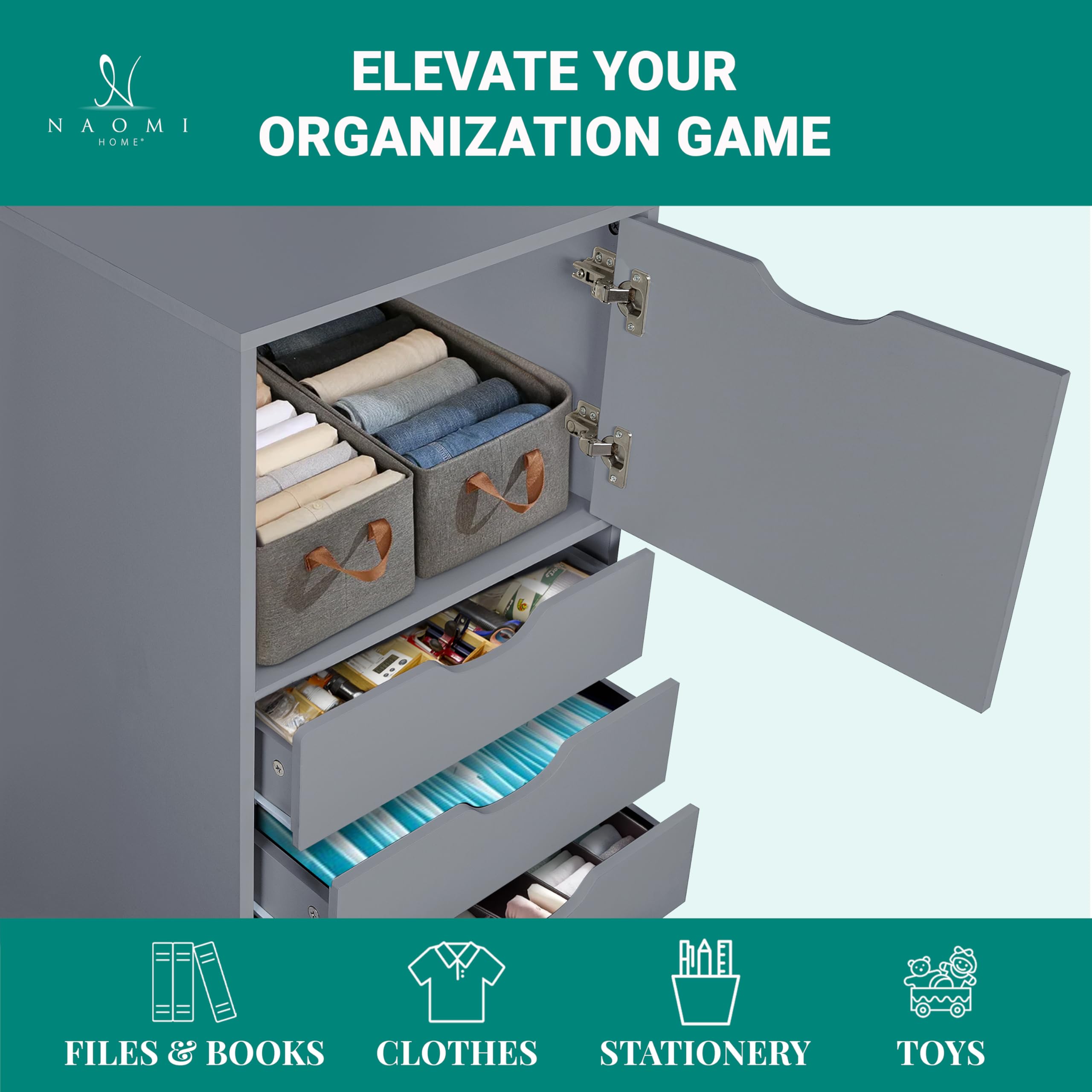 Naomi Home 6-Drawer Rolling Storage Chest - Gray Office Cabinet for Organizing Files, Supplies & Stationery | Perfect for Home Office, Classroom & Workspace Storage