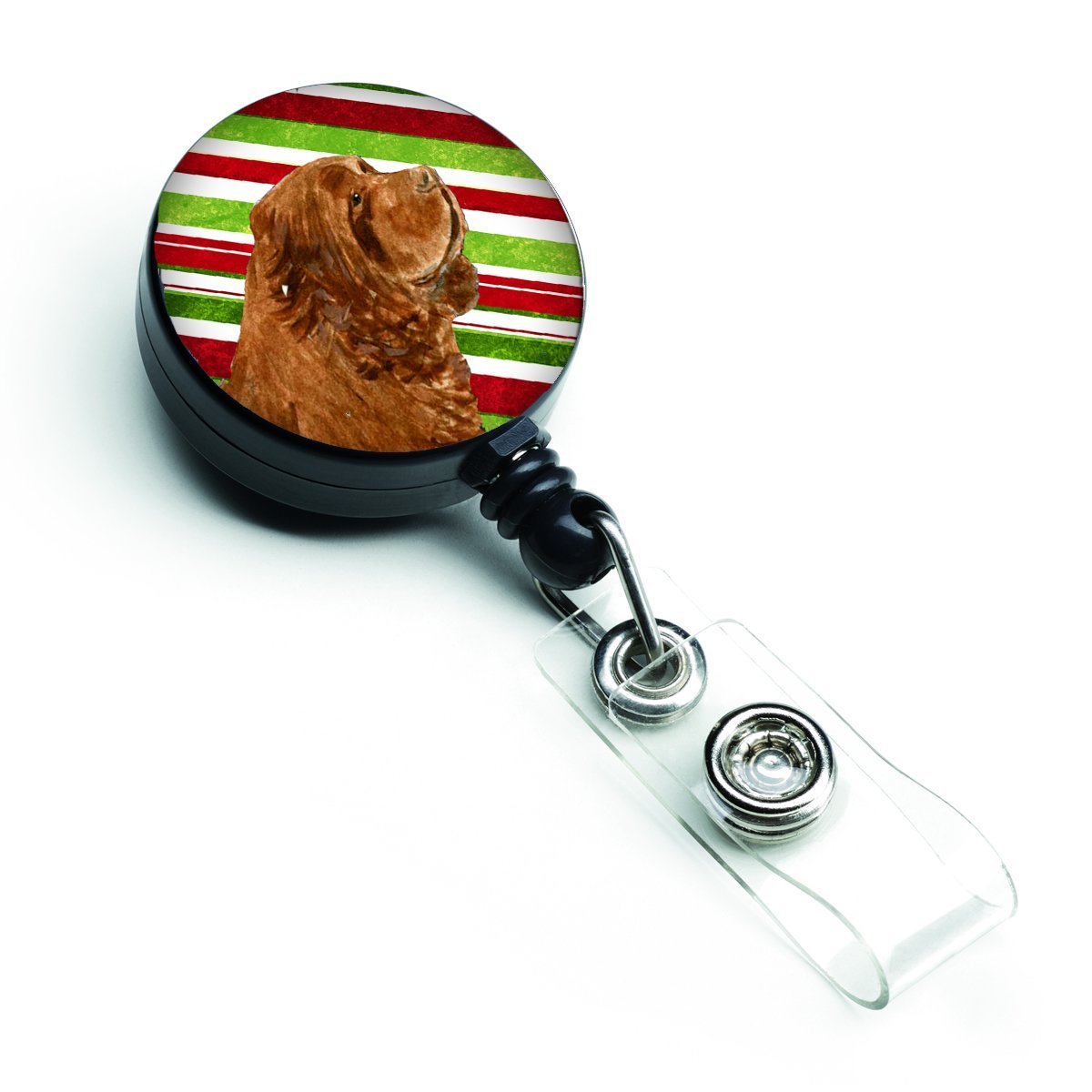 Sussex Spaniel Candy Cane Christmas Retractable Badge Reel - Perfect for Holiday Office ID Holders, Pet Lover Gifts & Veterinary Professionals