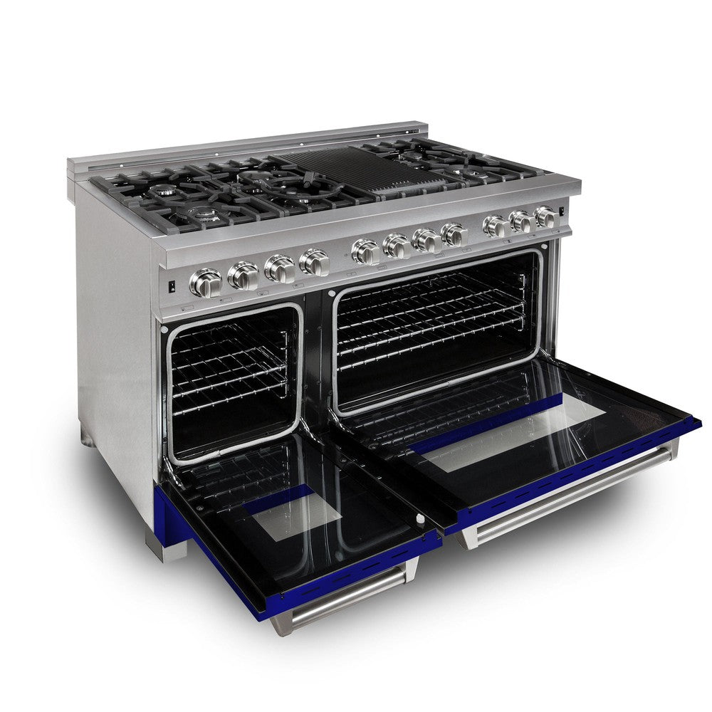 ZLINE 48-Inch 6.0 cu. ft. Dual Fuel Range with 7-Burner Gas Cooktop & 2 Electric Ovens - Satin Stainless Steel & Blue Gloss Doors (RAS BG 48) - Perfect for Modern Kitchens & Professional Cooking