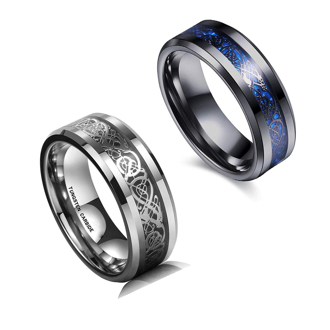 Yellow Chimes 2-Piece Titanium Steel Rings for Men - Dragon & Celtic Inlay Polish Finish, Black & Blue Rings for Men & Boys | Wedding, Gift, Fashion Jewelry