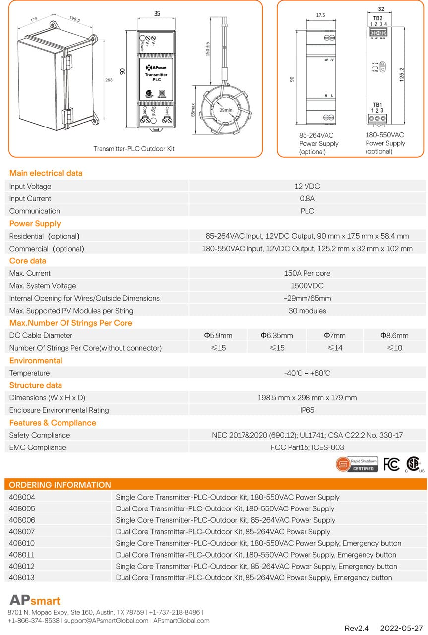 APSmart Dual Core Transmitter-PLC Outdoor Kit IP65 with 120/240VAC Power Supply - Weatherproof PLC Communication System for Industrial Automation & Smart Grid Applications